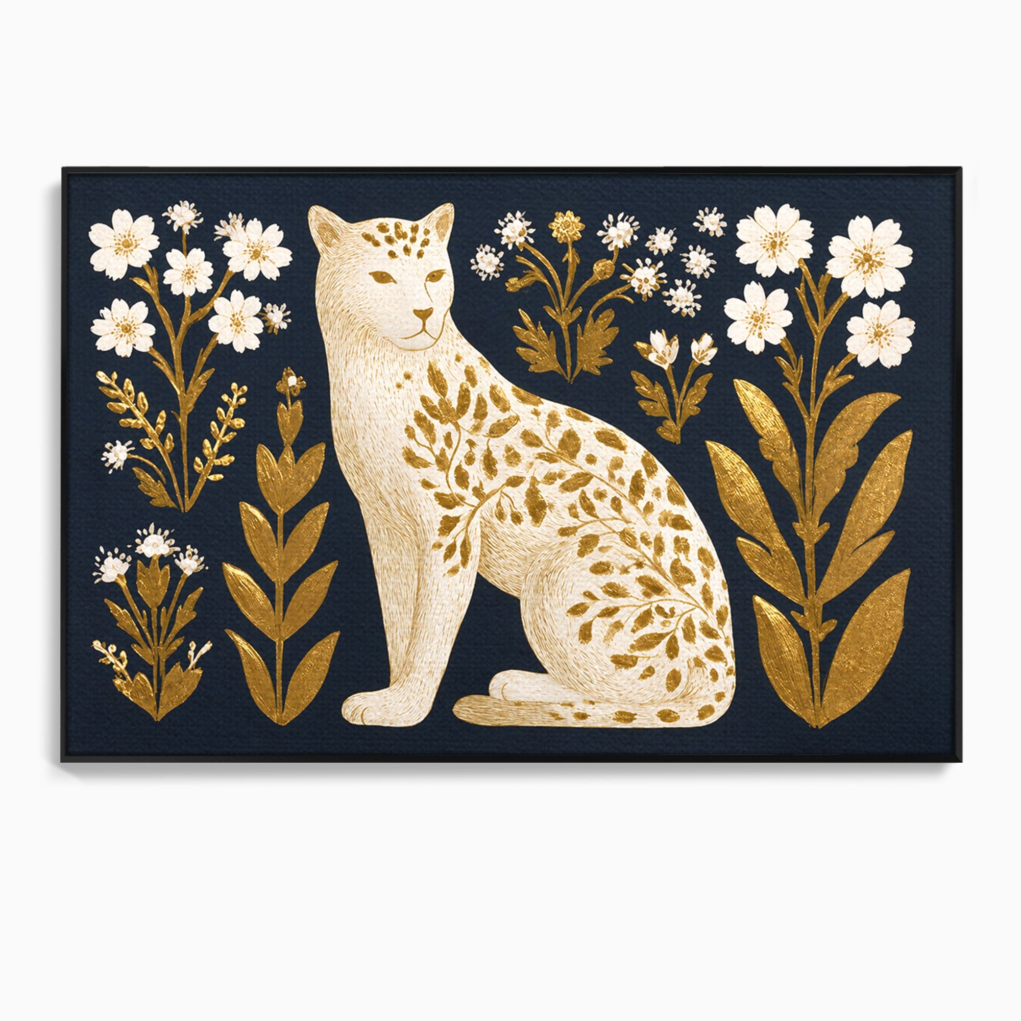 Tablou Canvas Premium LuxCanva® M1578, Leopard Regal, Leopard, Flori, Aur, Dormitor, Eleganta, Culori Vibrante
