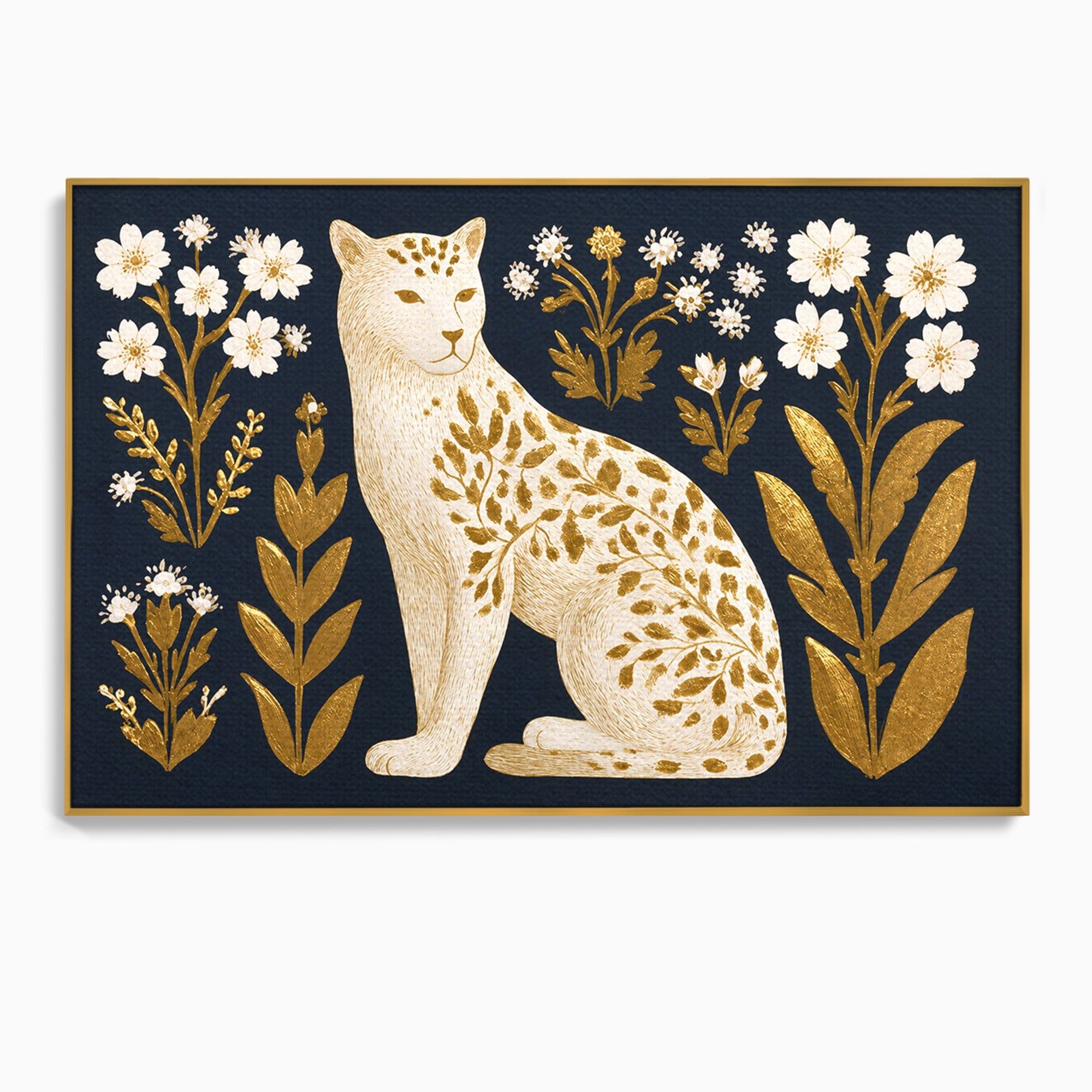 Tablou Canvas Premium LuxCanva® M1578, Leopard Regal, Leopard, Flori, Aur, Dormitor, Eleganta, Culori Vibrante