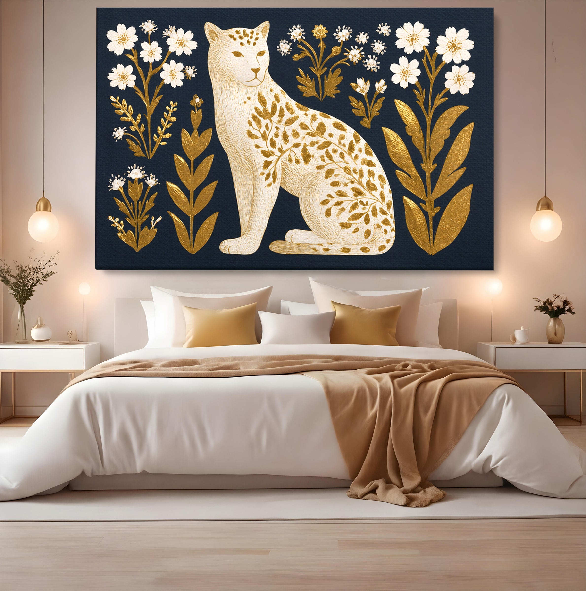 Tablou Canvas Premium LuxCanva® M1578, Leopard Regal, Leopard, Flori, Aur, Dormitor, Eleganta, Culori Vibrante
