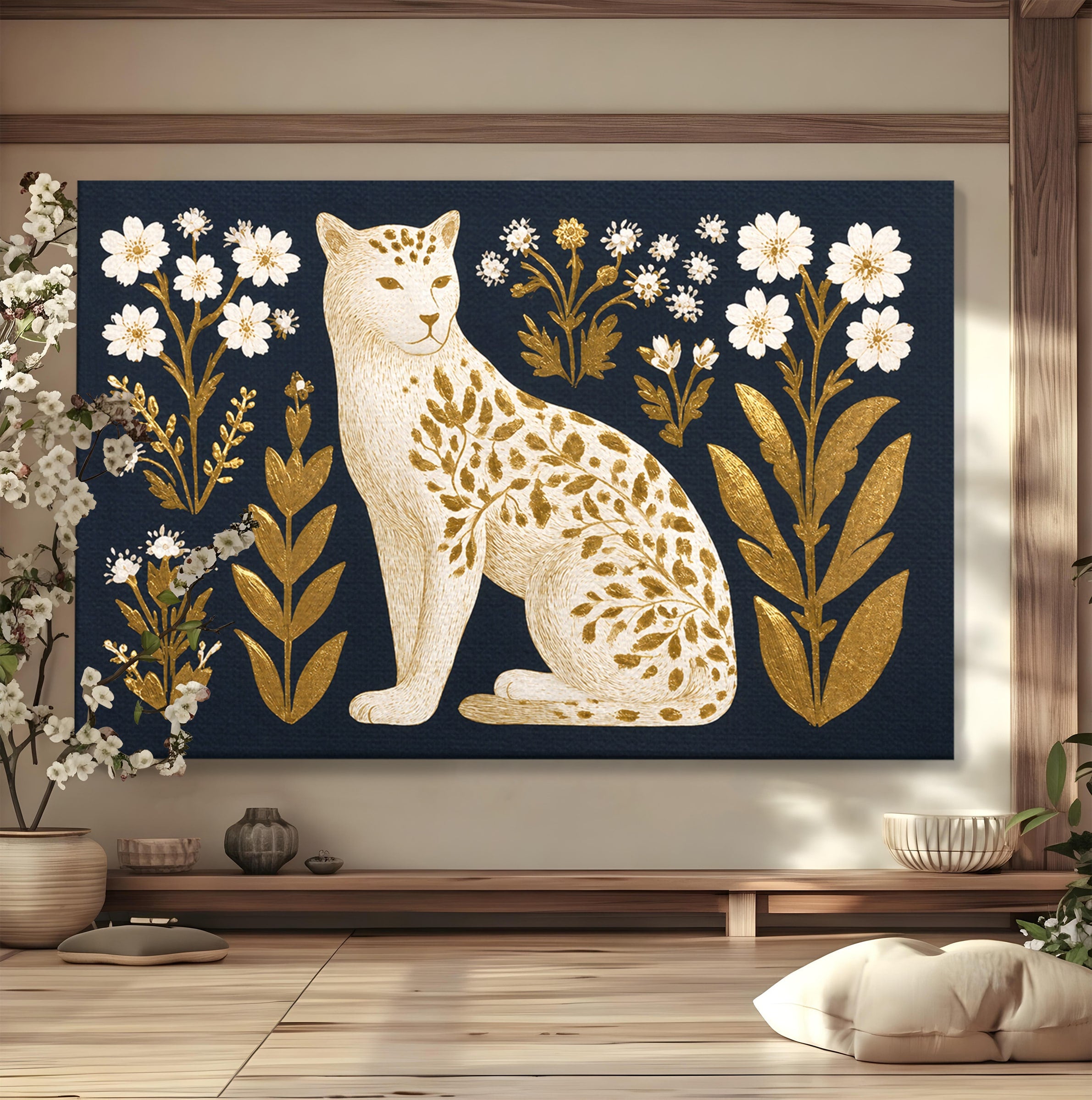 Tablou Canvas Premium LuxCanva® M1578, Leopard Regal, Leopard, Flori, Aur, Dormitor, Eleganta, Culori Vibrante