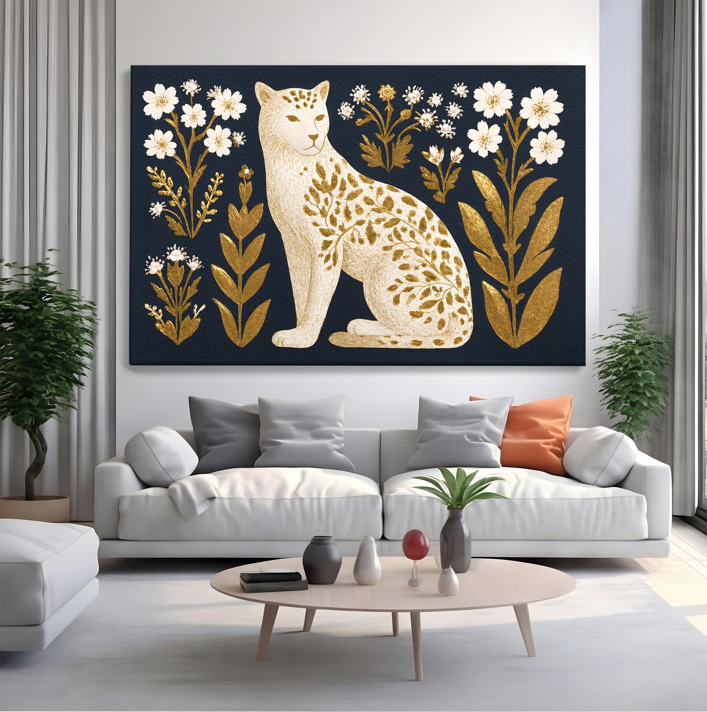 Tablou Canvas Premium LuxCanva® M1578, Leopard Regal, Leopard, Flori, Aur, Dormitor, Eleganta, Culori Vibrante