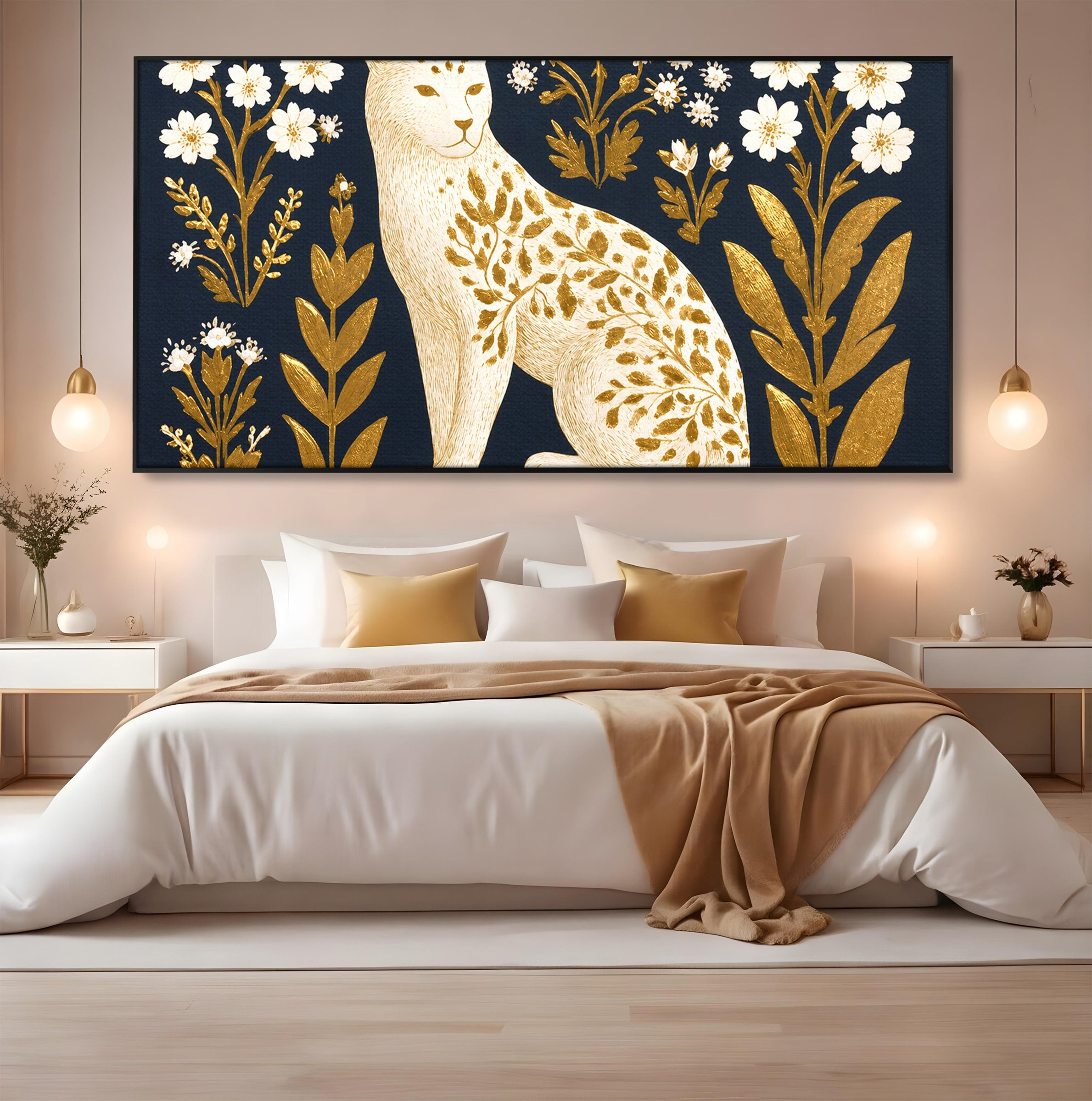 Tablou Canvas Premium LuxCanva® M1578, Leopard Regal, Leopard, Flori, Aur, Dormitor, Eleganta, Culori Vibrante