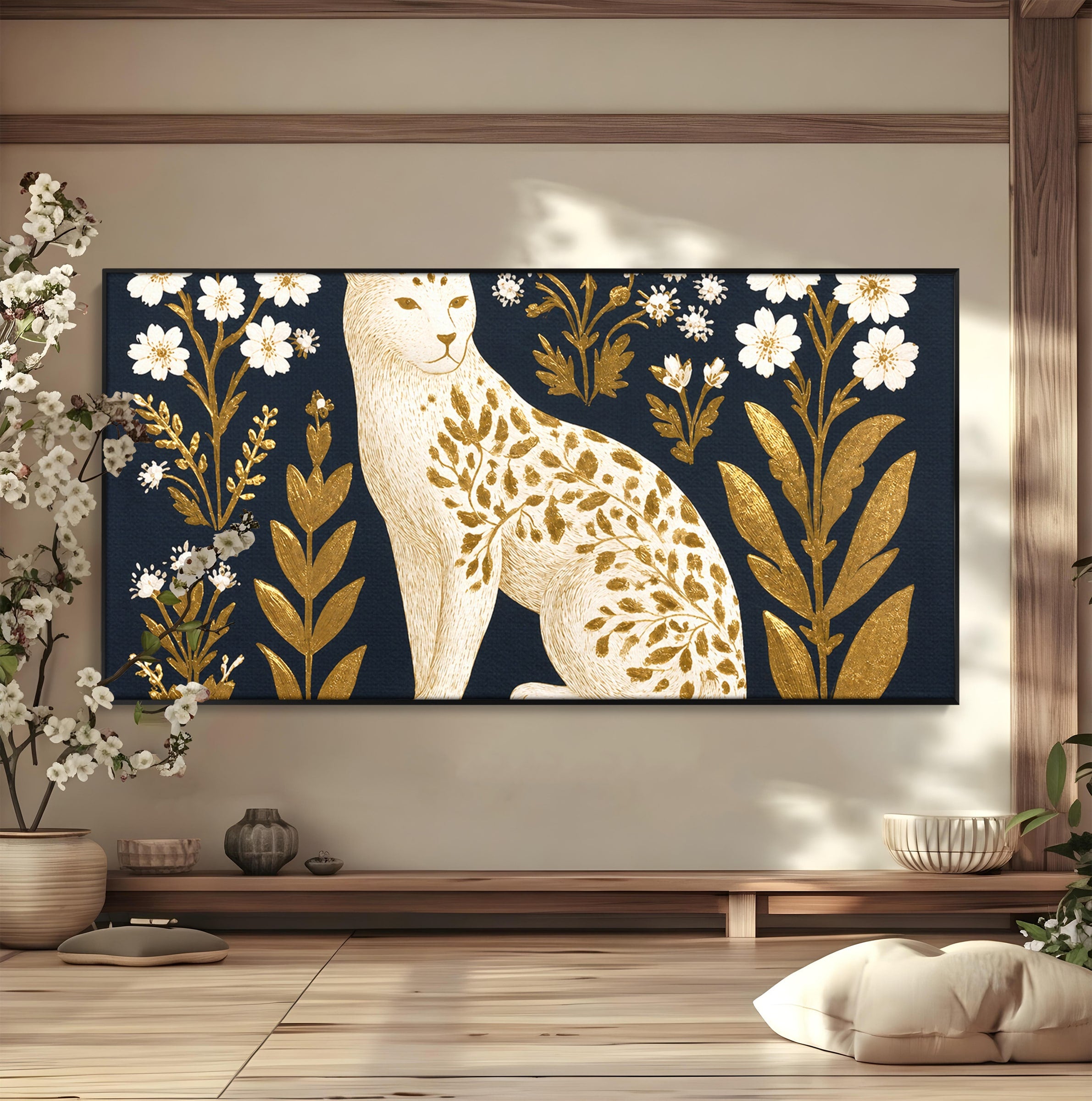 Tablou Canvas Premium LuxCanva® M1578, Leopard Regal, Leopard, Flori, Aur, Dormitor, Eleganta, Culori Vibrante