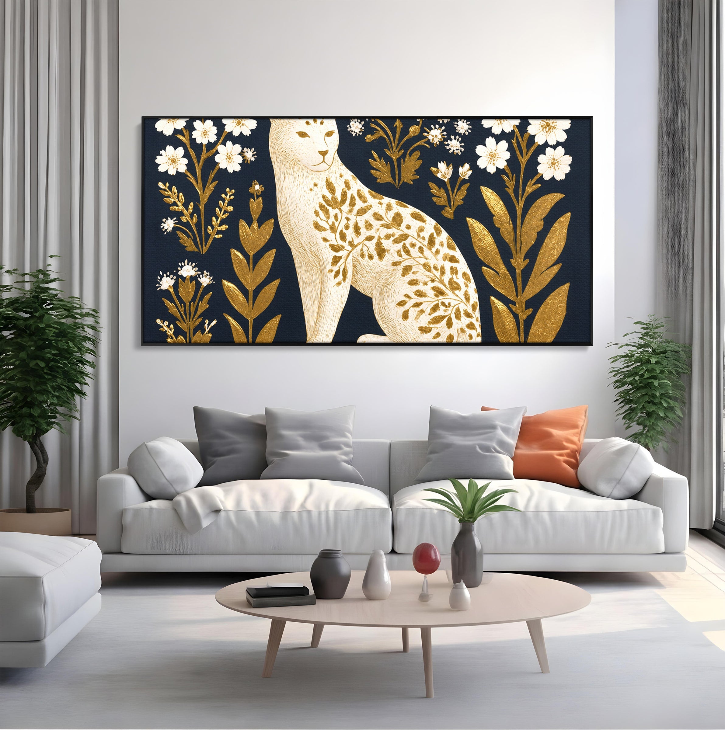 Tablou Canvas Premium LuxCanva® M1578, Leopard Regal, Leopard, Flori, Aur, Dormitor, Eleganta, Culori Vibrante