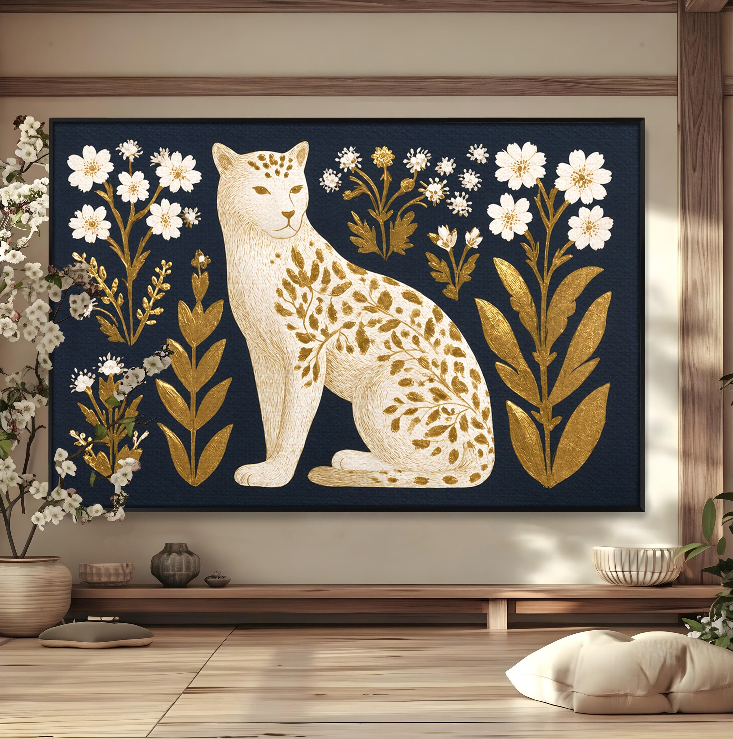 Tablou Canvas Premium LuxCanva® M1578, Leopard Regal, Leopard, Flori, Aur, Dormitor, Eleganta, Culori Vibrante