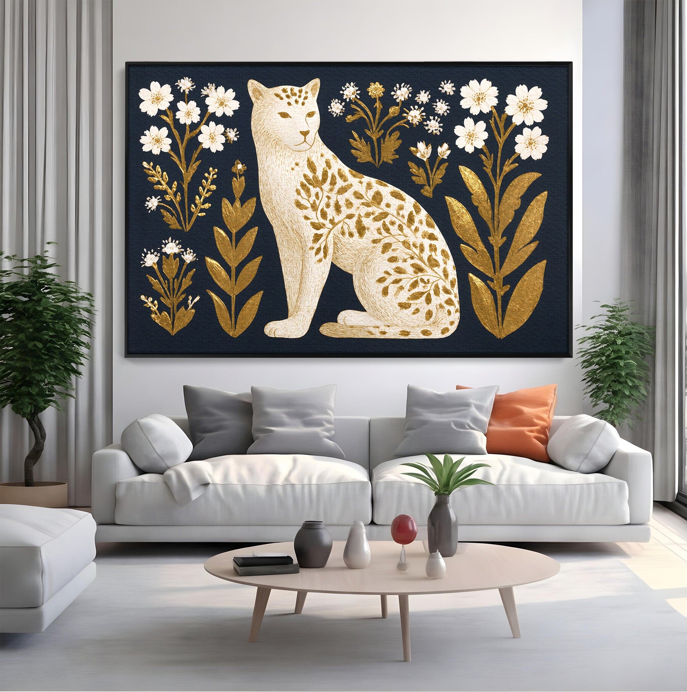 Tablou Canvas Premium LuxCanva® M1578, Leopard Regal, Leopard, Flori, Aur, Dormitor, Eleganta, Culori Vibrante