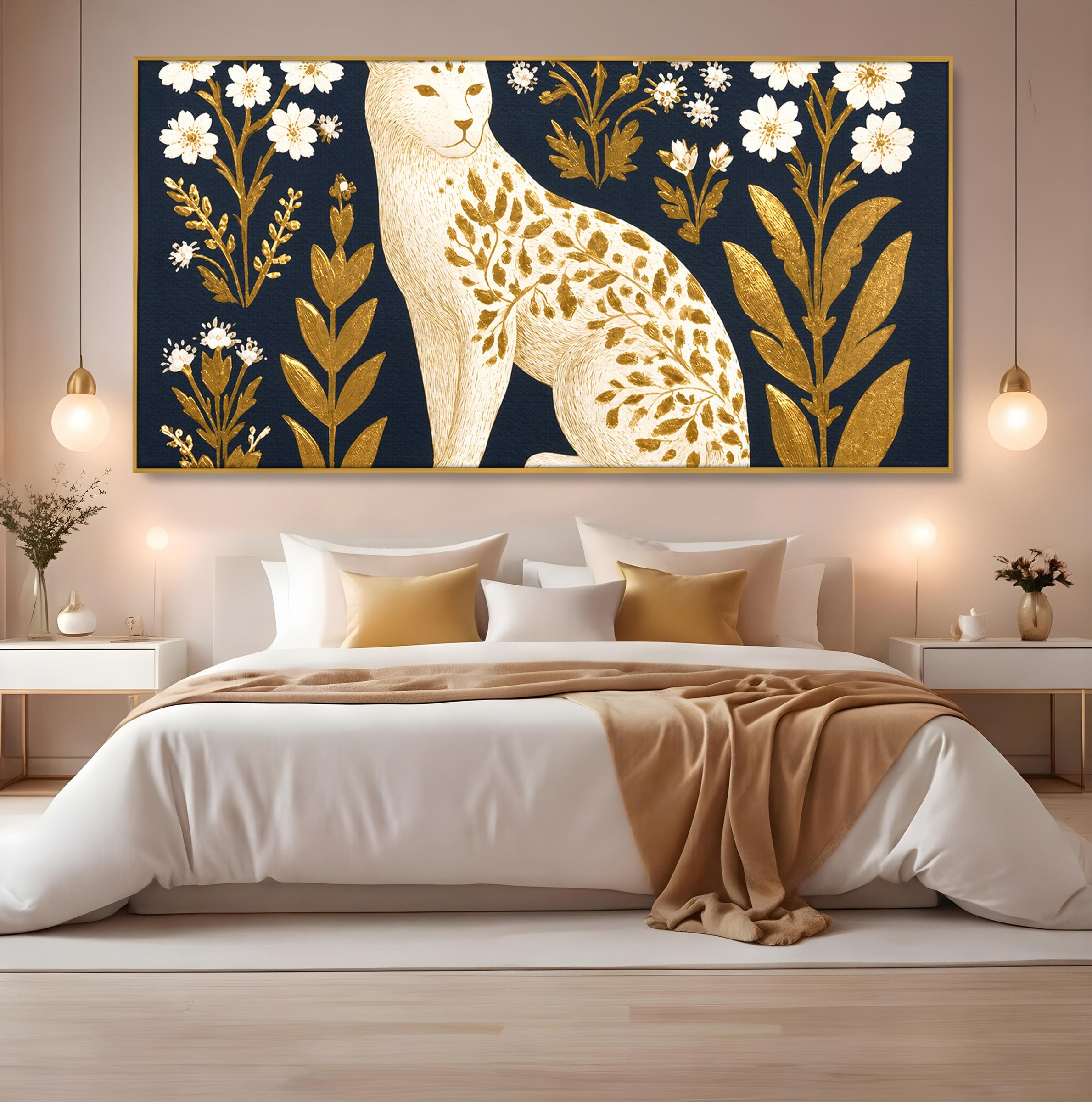 Tablou Canvas Premium LuxCanva® M1578, Leopard Regal, Leopard, Flori, Aur, Dormitor, Eleganta, Culori Vibrante