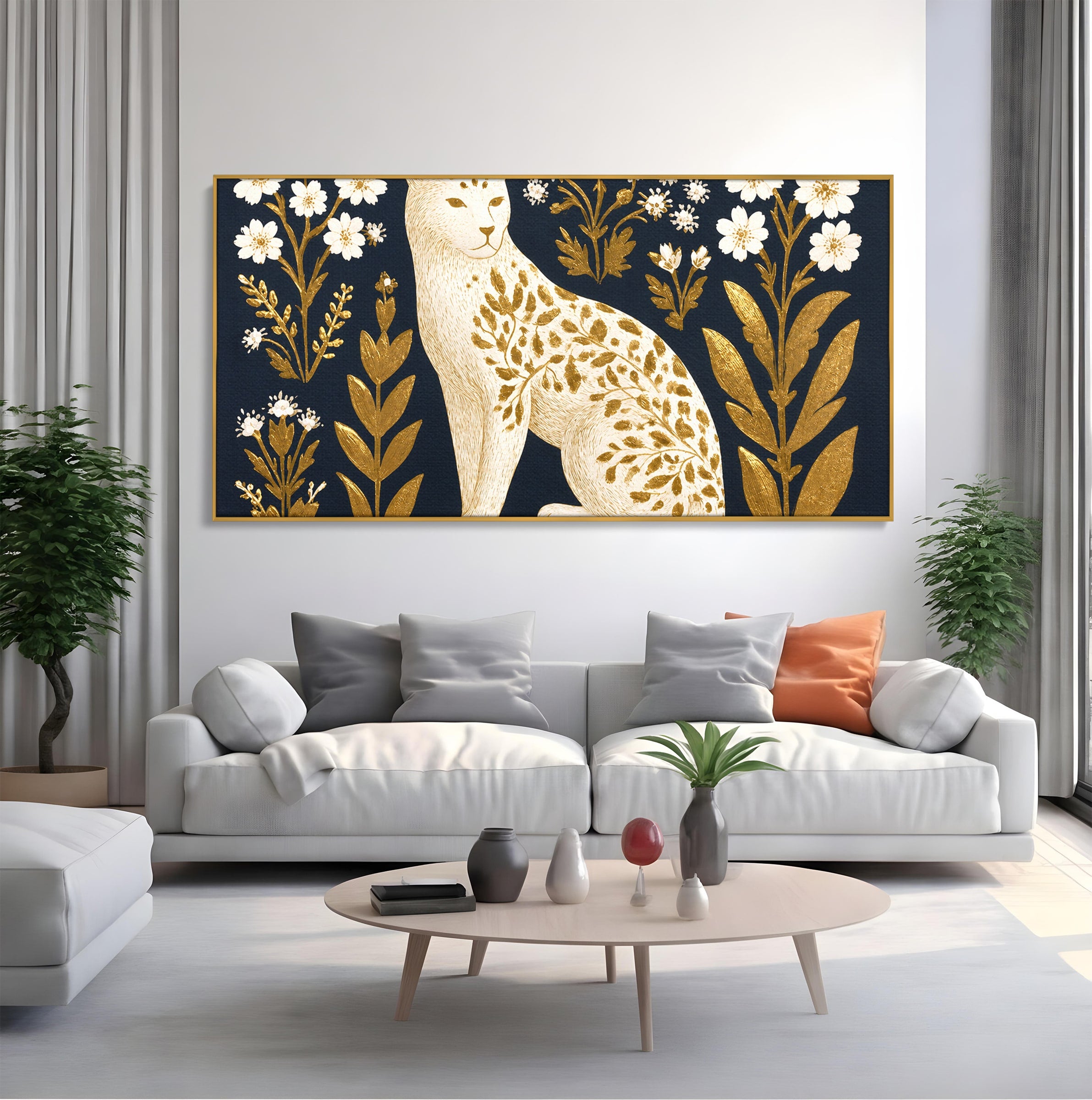 Tablou Canvas Premium LuxCanva® M1578, Leopard Regal, Leopard, Flori, Aur, Dormitor, Eleganta, Culori Vibrante