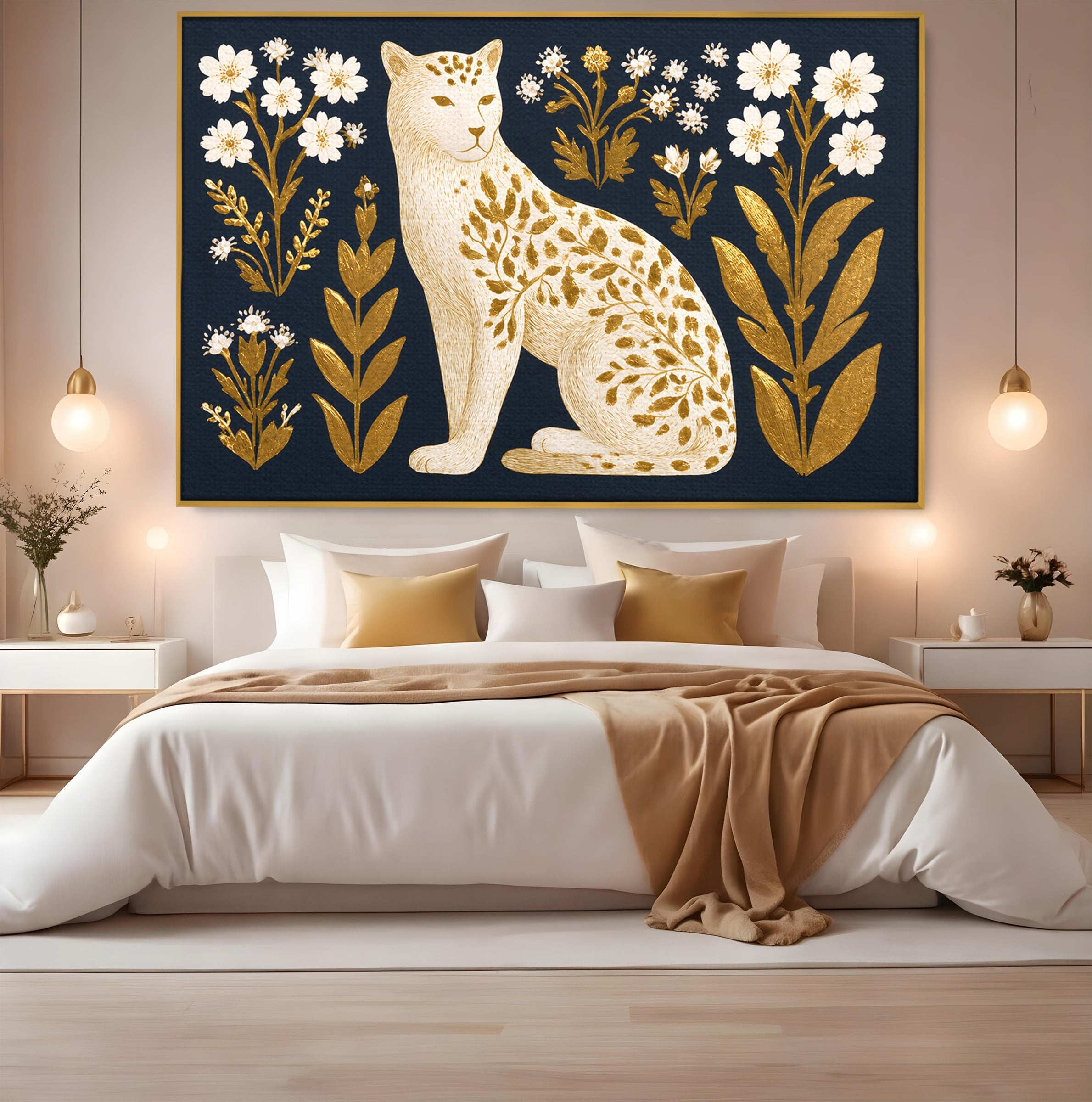 Tablou Canvas Premium LuxCanva® M1578, Leopard Regal, Leopard, Flori, Aur, Dormitor, Eleganta, Culori Vibrante