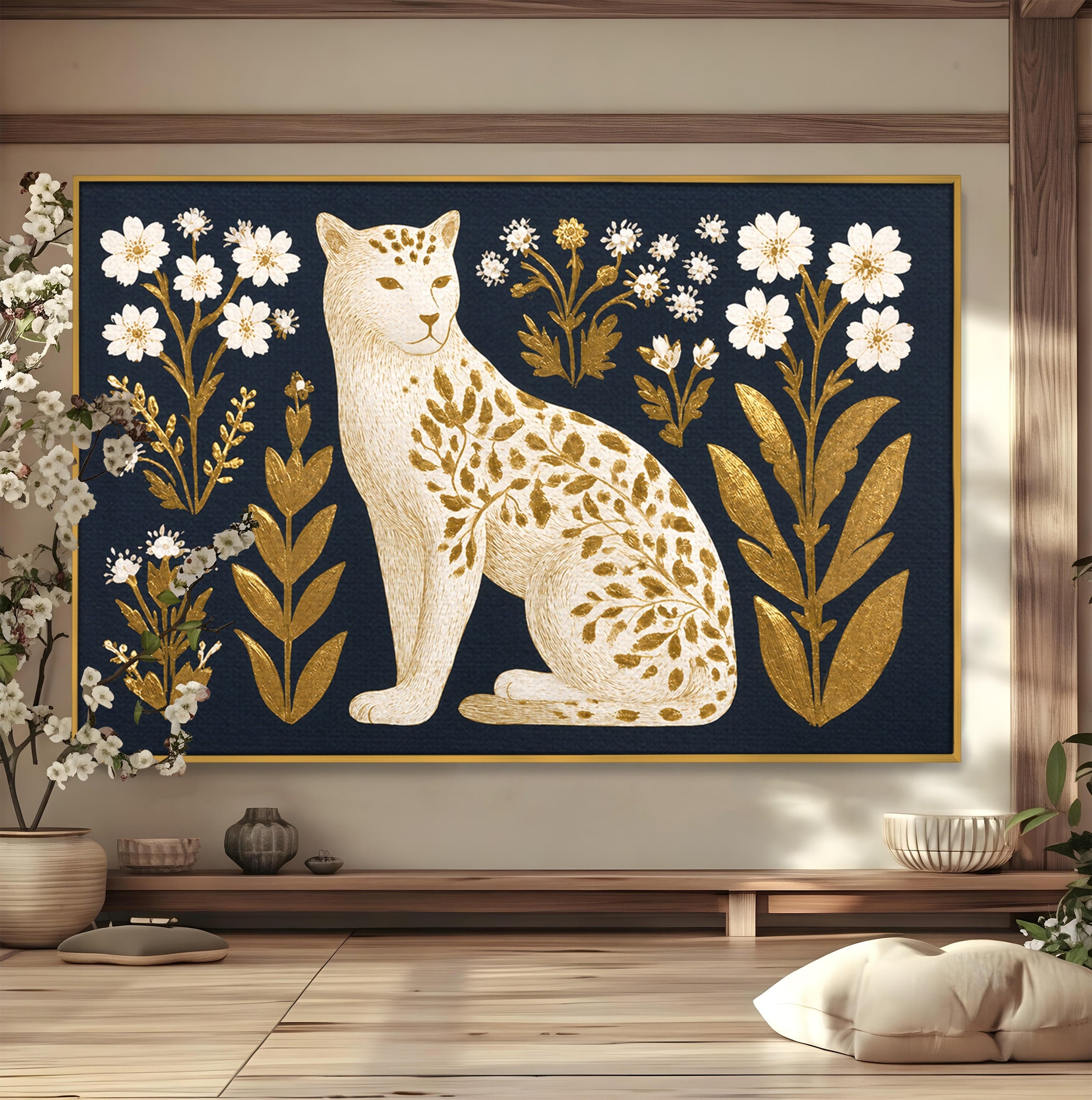 Tablou Canvas Premium LuxCanva® M1578, Leopard Regal, Leopard, Flori, Aur, Dormitor, Eleganta, Culori Vibrante