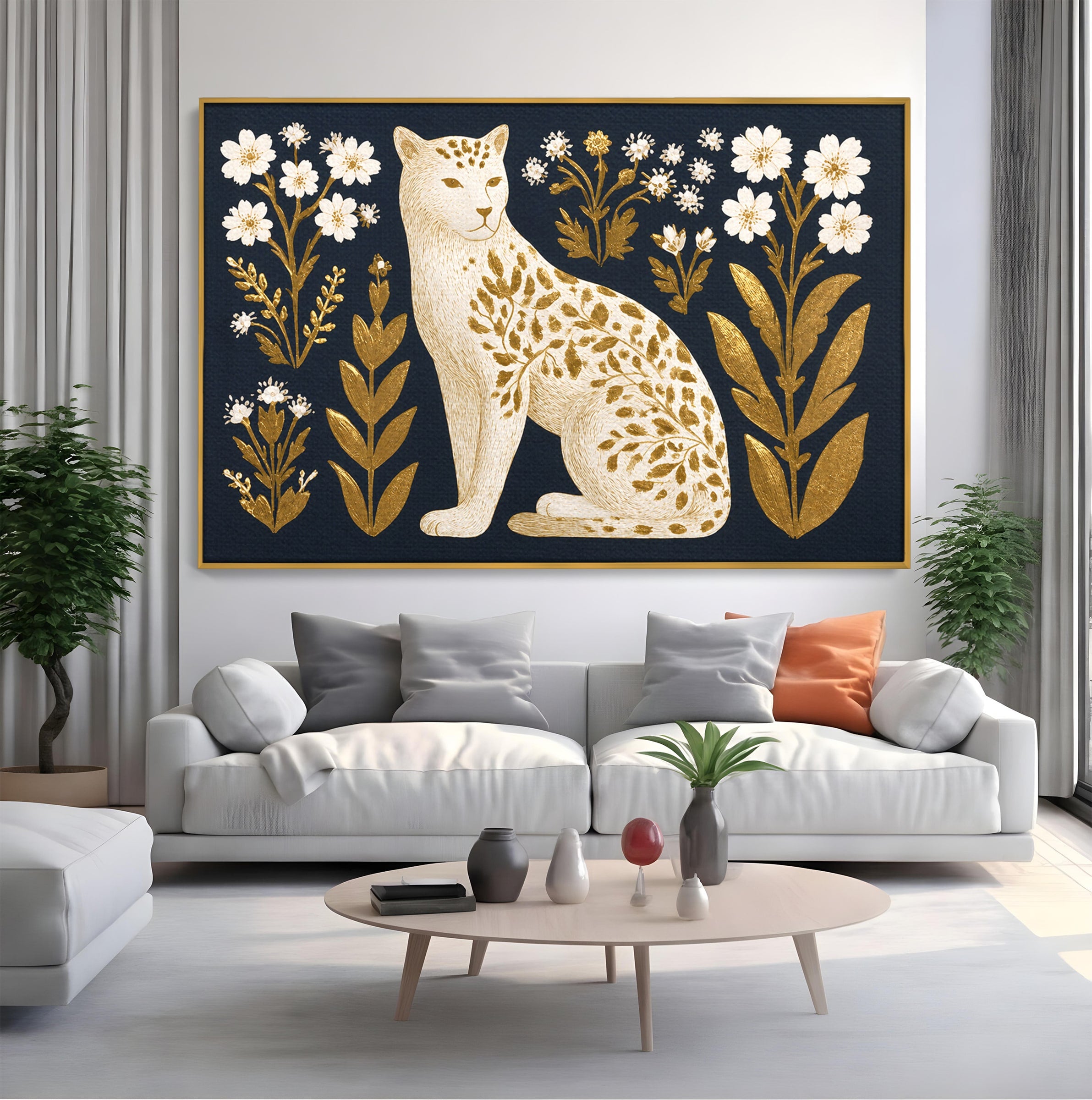 Tablou Canvas Premium LuxCanva® M1578, Leopard Regal, Leopard, Flori, Aur, Dormitor, Eleganta, Culori Vibrante