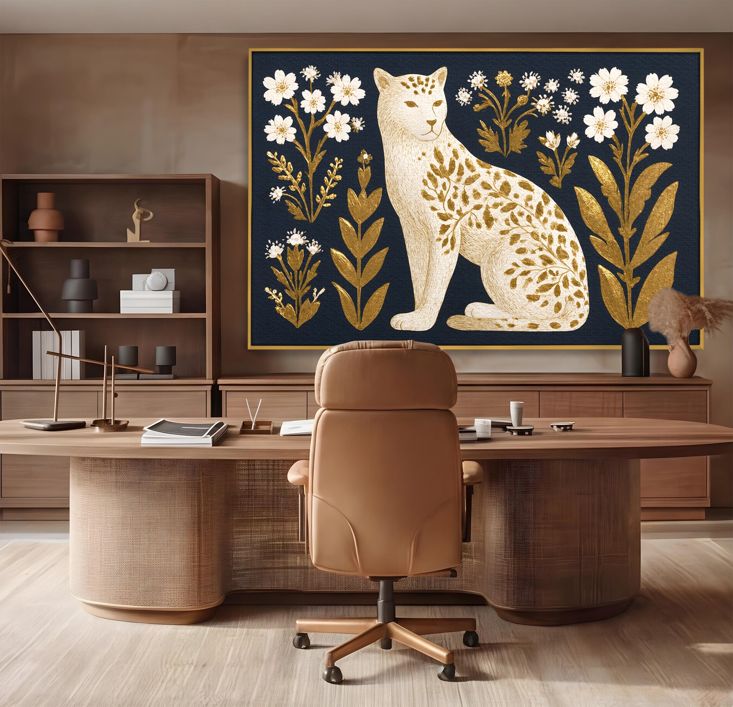 Tablou Canvas Premium LuxCanva® M1578, Leopard Regal, Leopard, Flori, Aur, Dormitor, Eleganta, Culori Vibrante