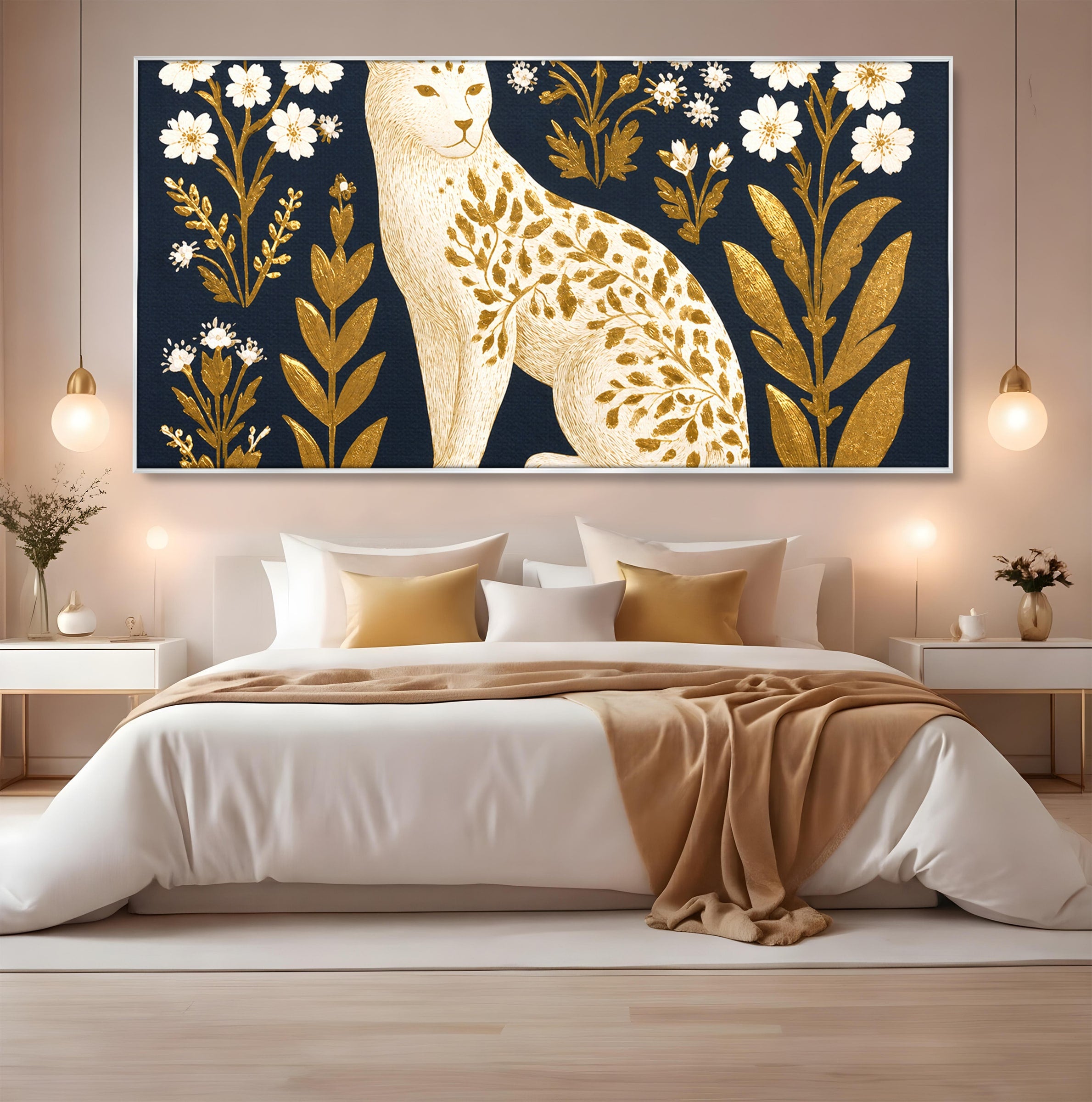 Tablou Canvas Premium LuxCanva® M1578, Leopard Regal, Leopard, Flori, Aur, Dormitor, Eleganta, Culori Vibrante