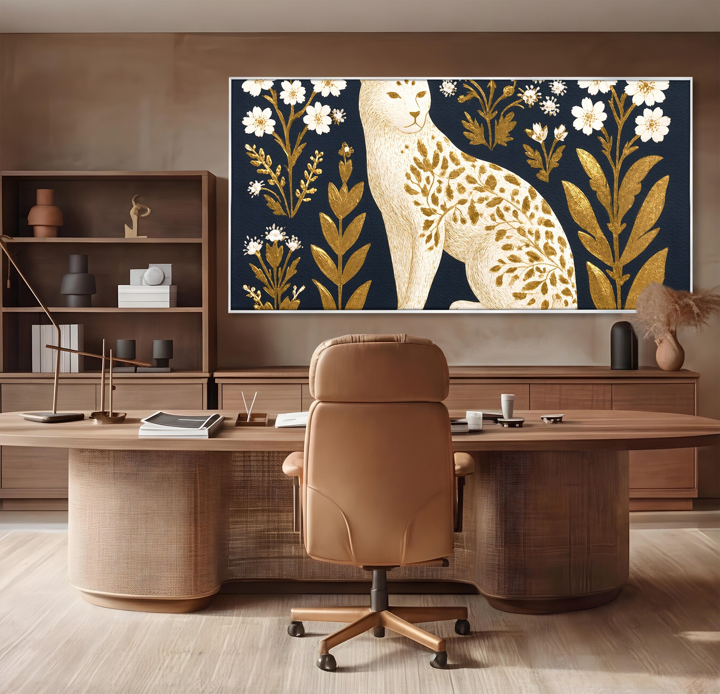 Tablou Canvas Premium LuxCanva® M1578, Leopard Regal, Leopard, Flori, Aur, Dormitor, Eleganta, Culori Vibrante