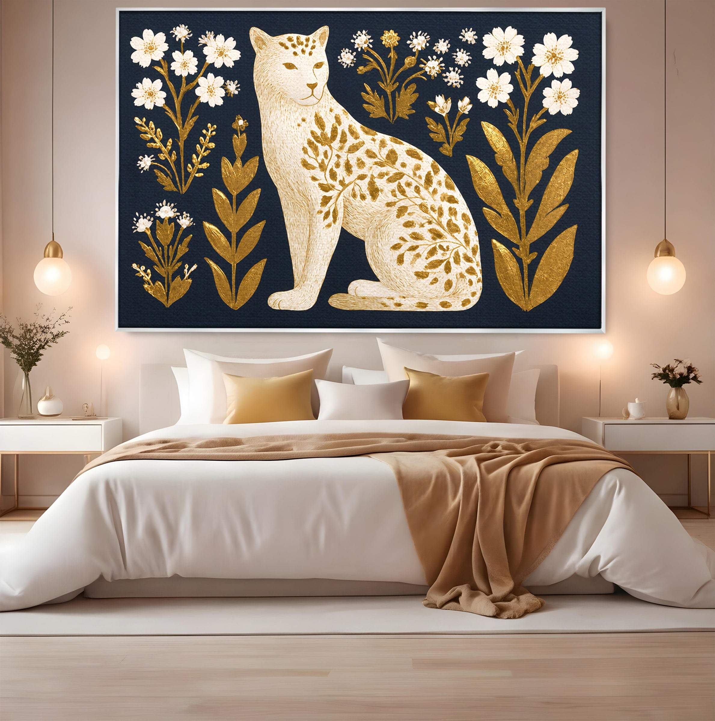 Tablou Canvas Premium LuxCanva® M1578, Leopard Regal, Leopard, Flori, Aur, Dormitor, Eleganta, Culori Vibrante