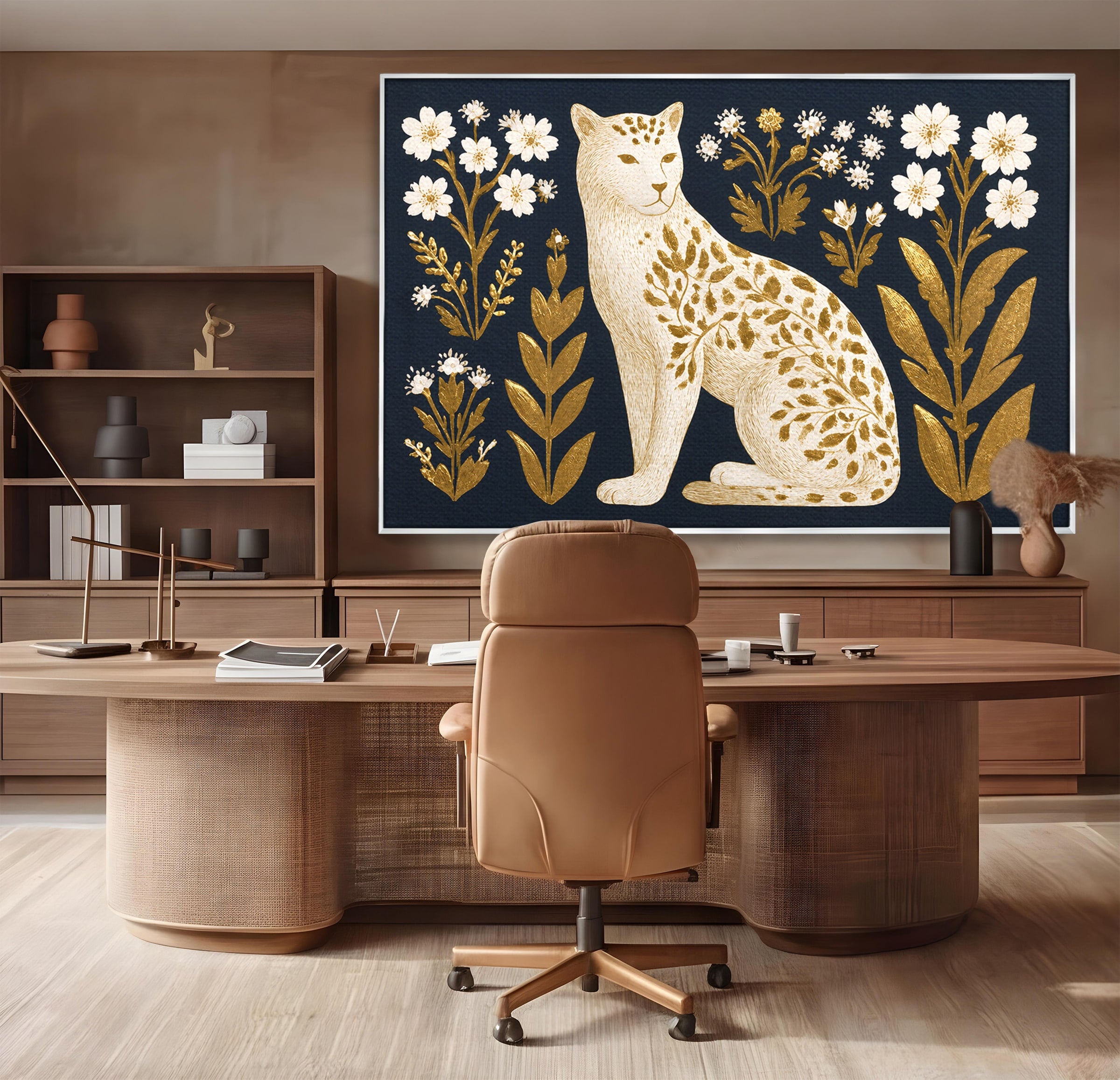 Tablou Canvas Premium LuxCanva® M1578, Leopard Regal, Leopard, Flori, Aur, Dormitor, Eleganta, Culori Vibrante
