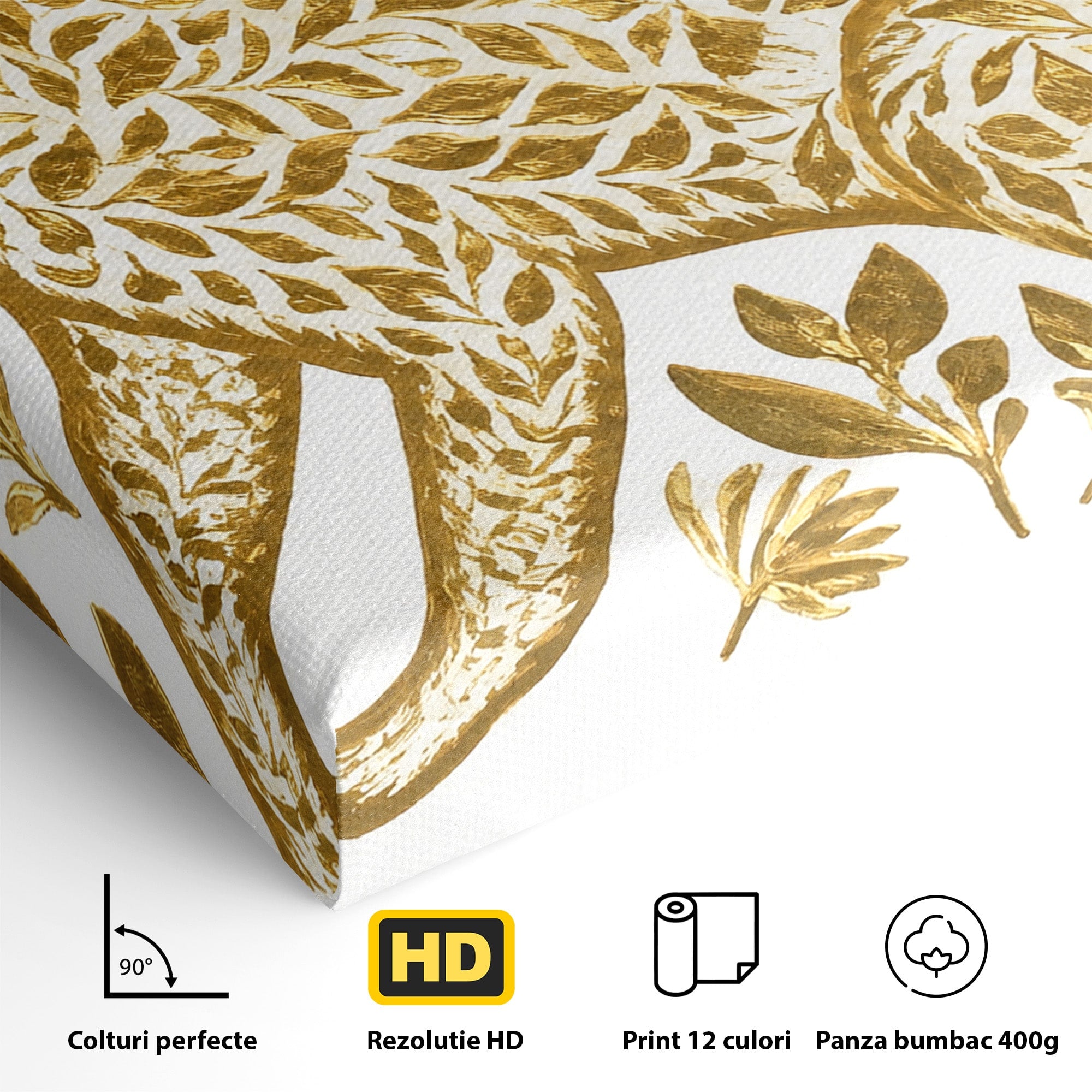 Tablou Canvas Premium LuxCanva® M1580, Eleganță Sălbatică, Lup, Floral, Auriu, Natura, Living, Culori Vibrante
