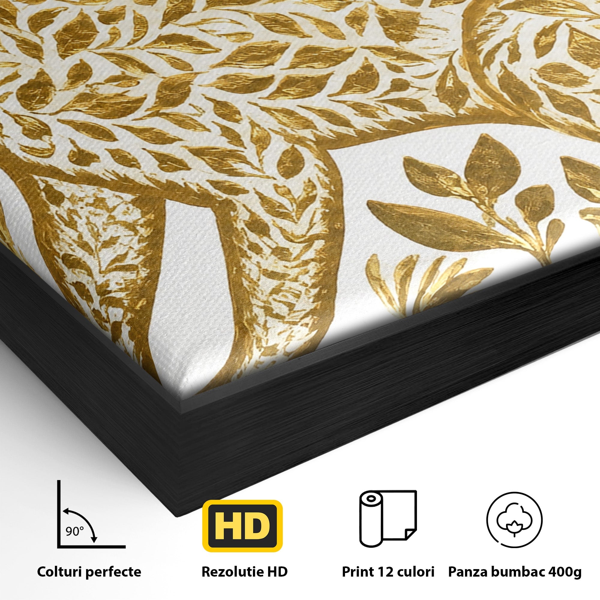 Tablou Canvas Premium LuxCanva® M1580, Eleganță Sălbatică, Lup, Floral, Auriu, Natura, Living, Culori Vibrante