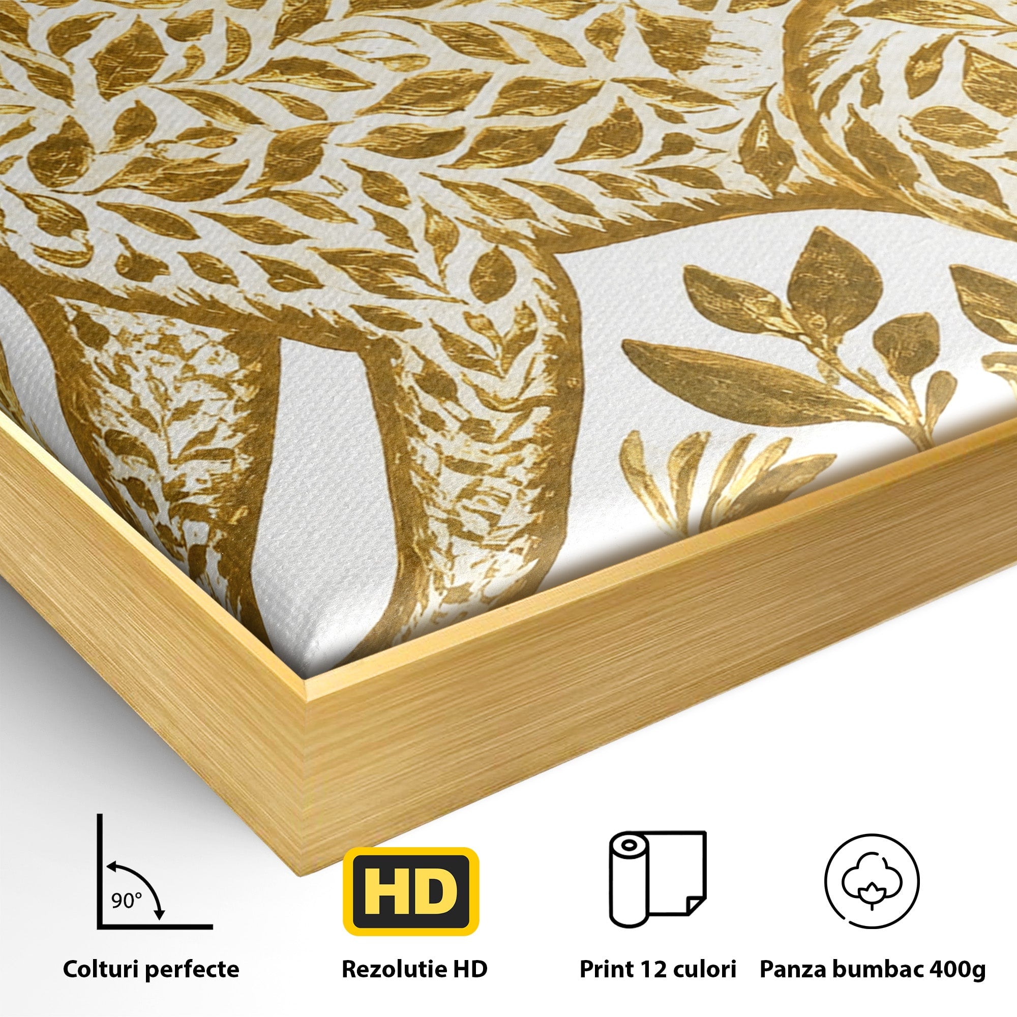 Tablou Canvas Premium LuxCanva® M1580, Eleganță Sălbatică, Lup, Floral, Auriu, Natura, Living, Culori Vibrante