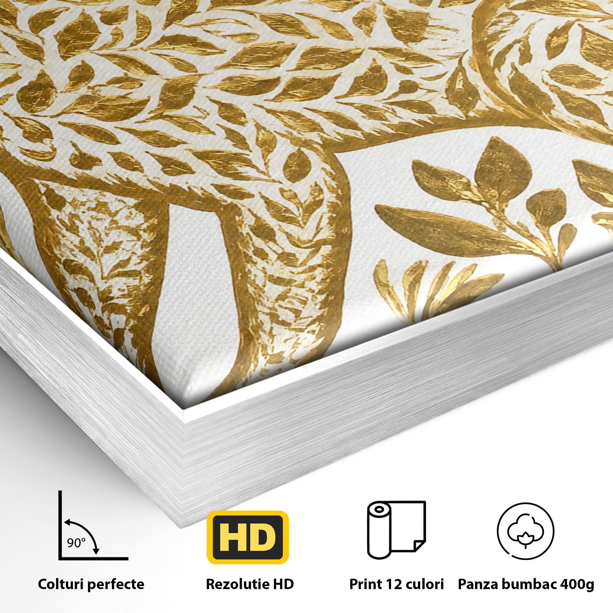 Tablou Canvas Premium LuxCanva® M1580, Eleganță Sălbatică, Lup, Floral, Auriu, Natura, Living, Culori Vibrante
