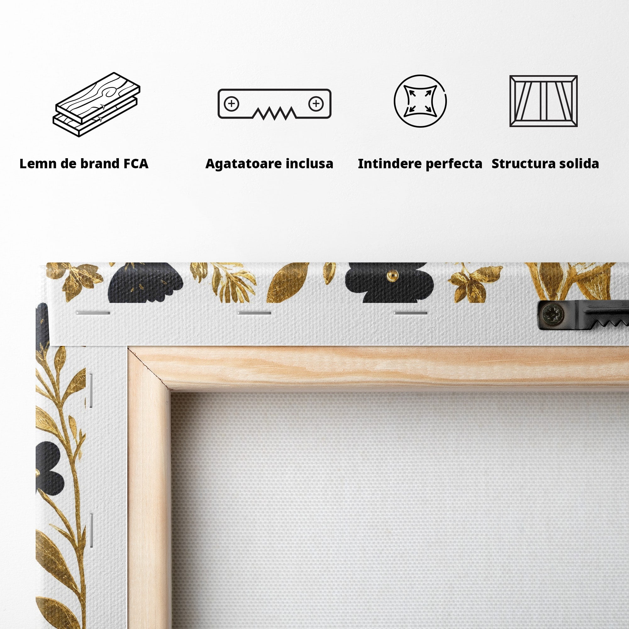 Tablou Canvas Premium LuxCanva® M1580, Eleganță Sălbatică, Lup, Floral, Auriu, Natura, Living, Culori Vibrante
