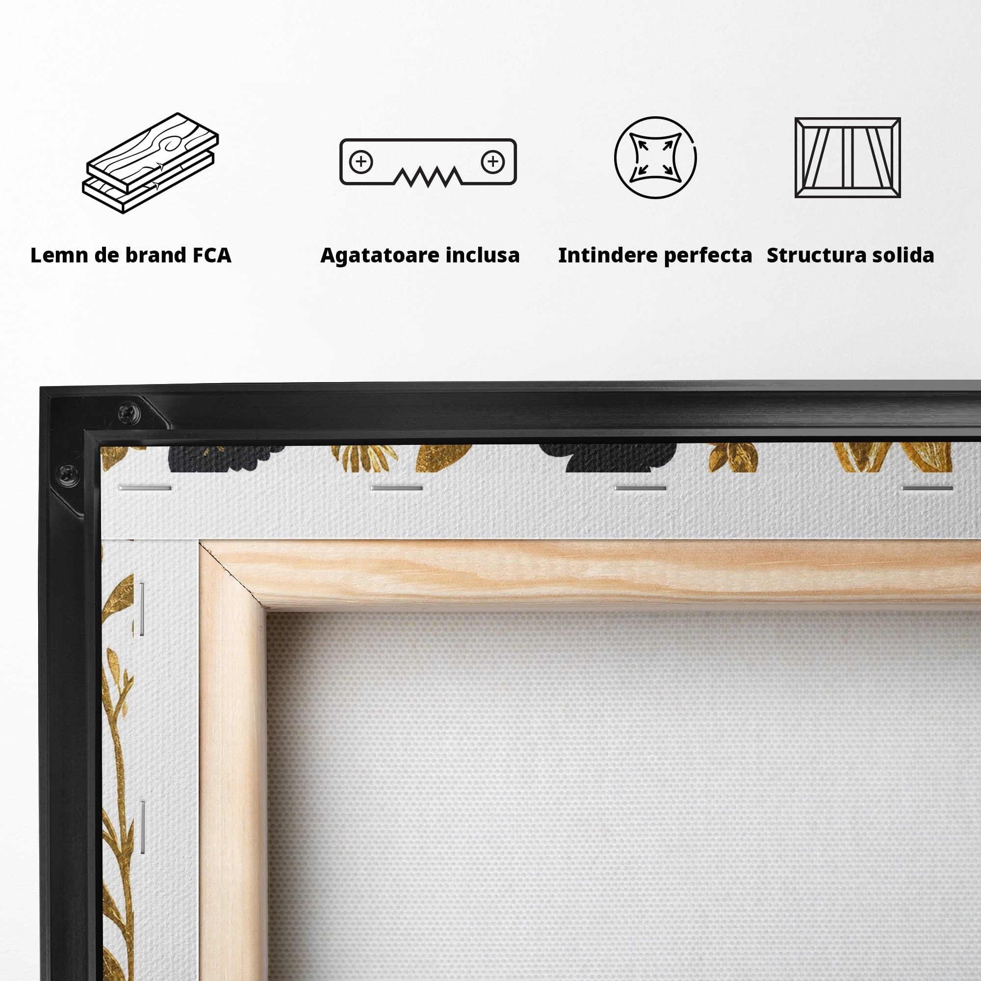 Tablou Canvas Premium LuxCanva® M1580, Eleganță Sălbatică, Lup, Floral, Auriu, Natura, Living, Culori Vibrante