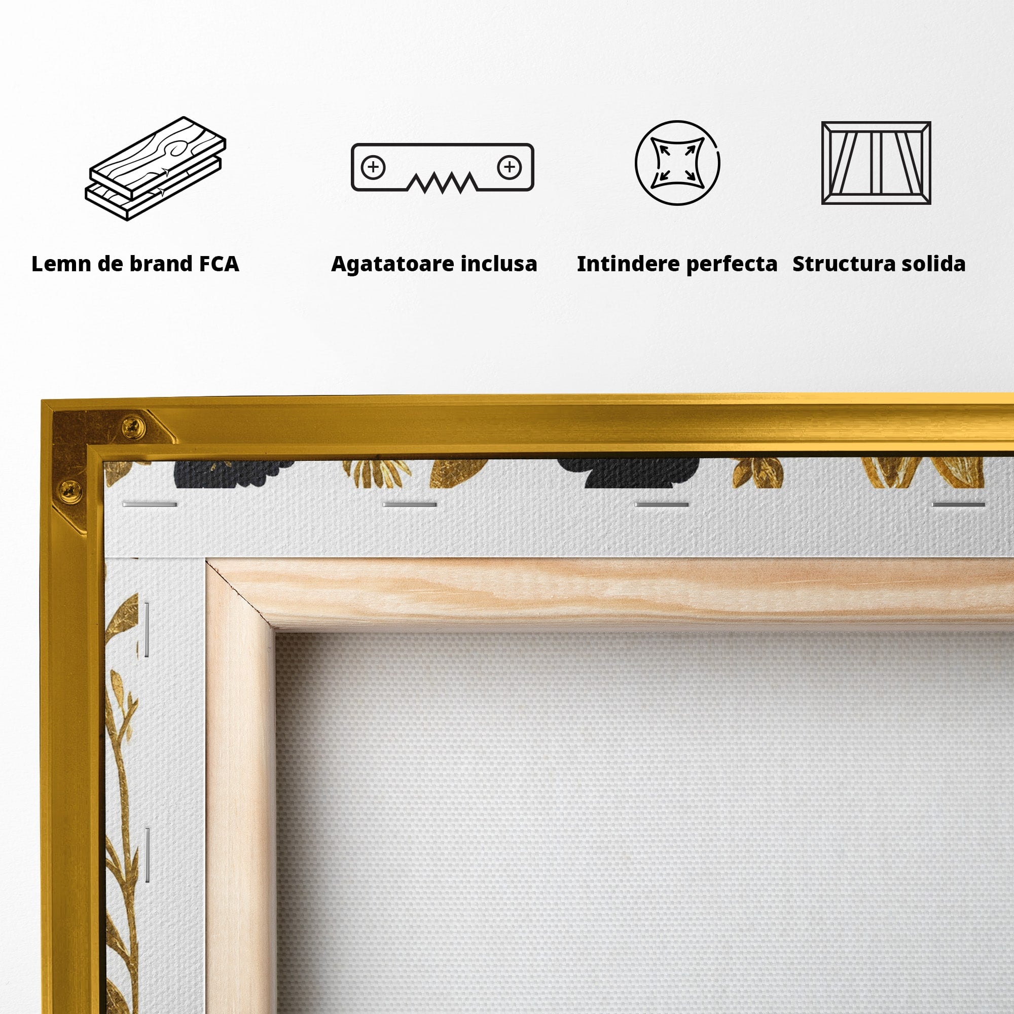Tablou Canvas Premium LuxCanva® M1580, Eleganță Sălbatică, Lup, Floral, Auriu, Natura, Living, Culori Vibrante