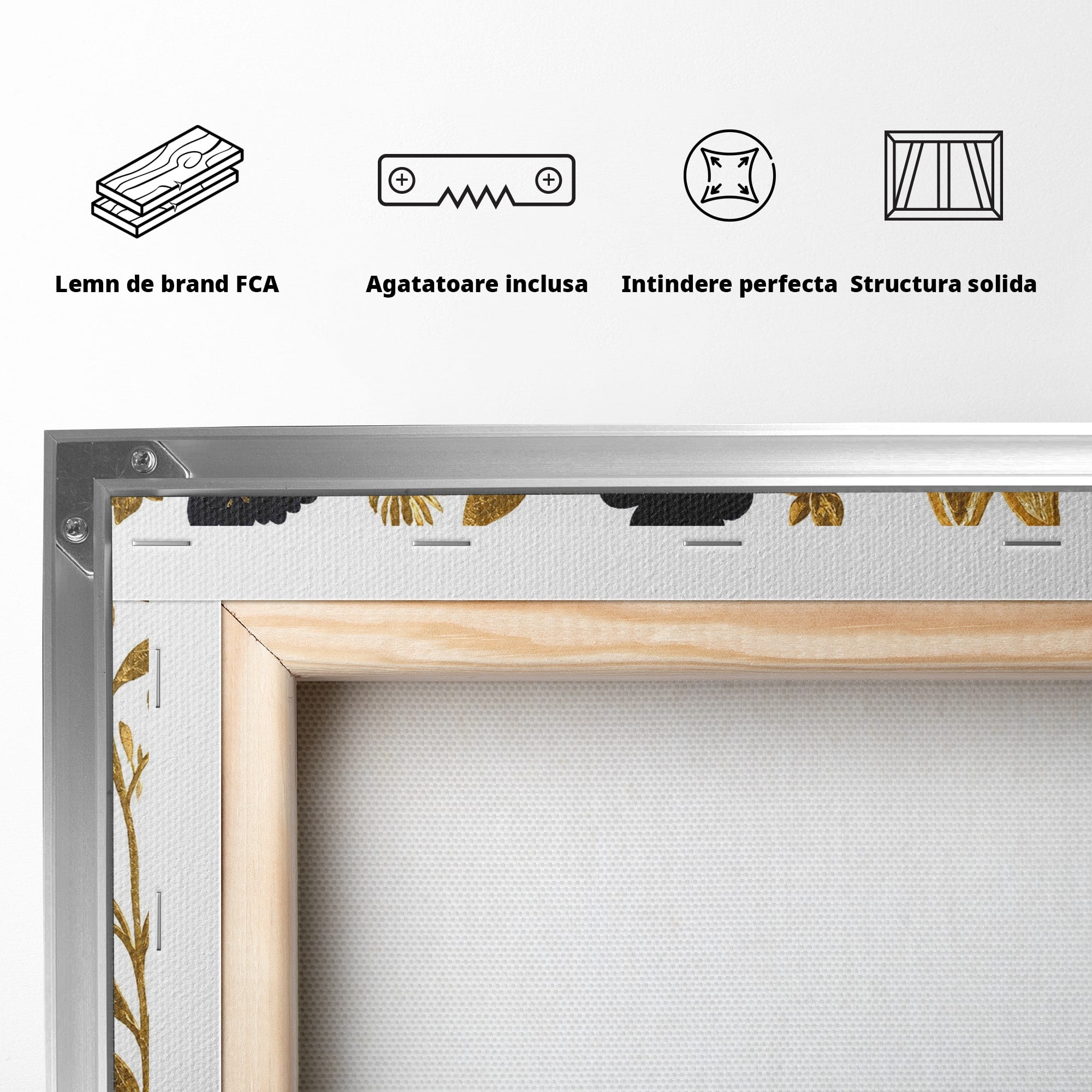 Tablou Canvas Premium LuxCanva® M1580, Eleganță Sălbatică, Lup, Floral, Auriu, Natura, Living, Culori Vibrante