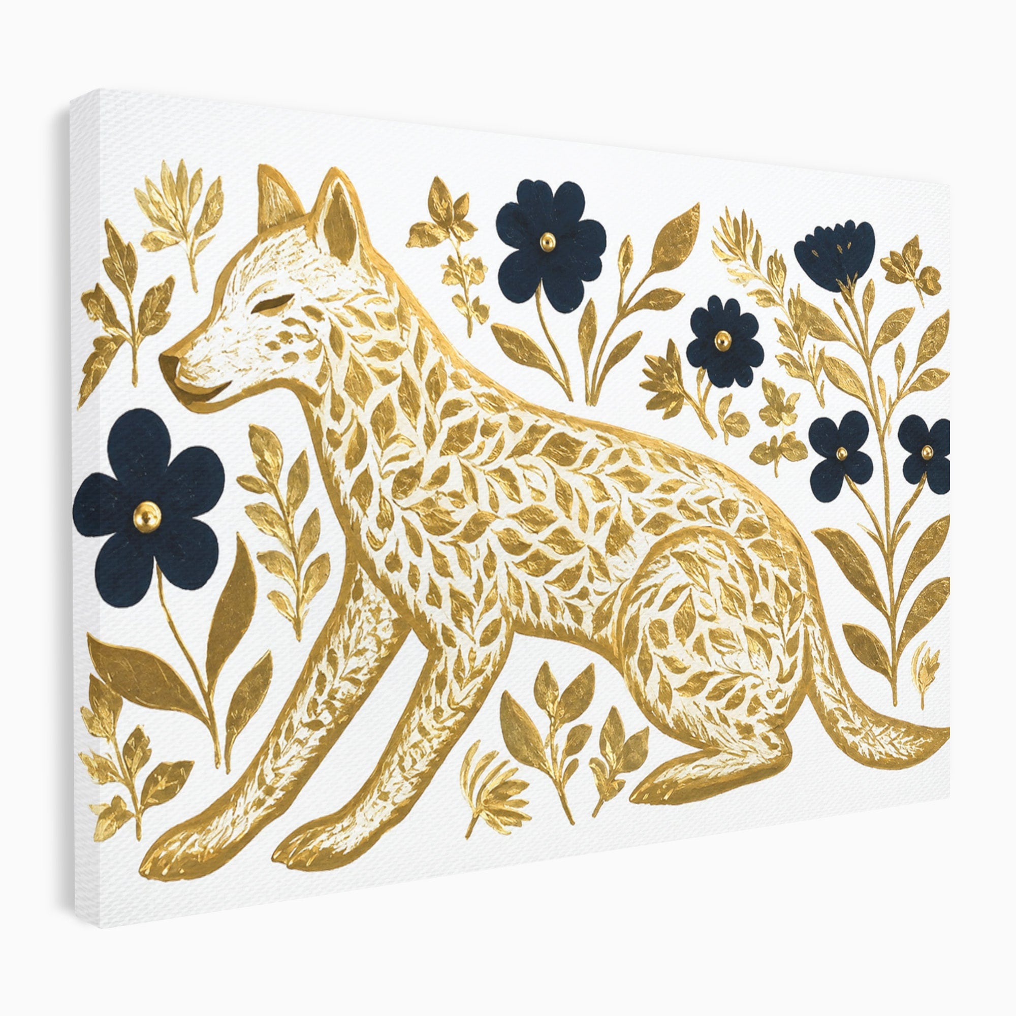 Tablou Canvas Premium LuxCanva® M1580, Eleganță Sălbatică, Lup, Floral, Auriu, Natura, Living, Culori Vibrante