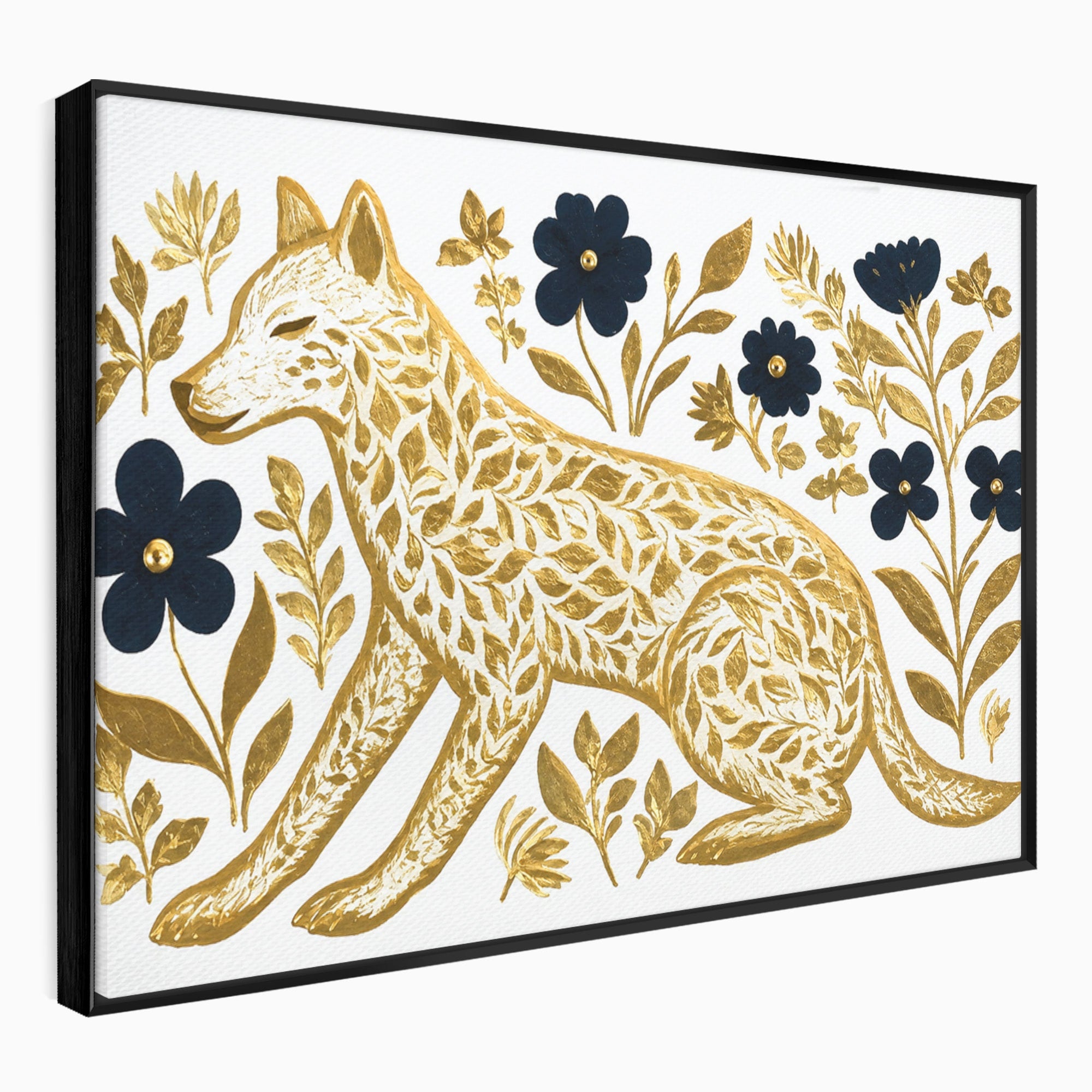 Tablou Canvas Premium LuxCanva® M1580, Eleganță Sălbatică, Lup, Floral, Auriu, Natura, Living, Culori Vibrante