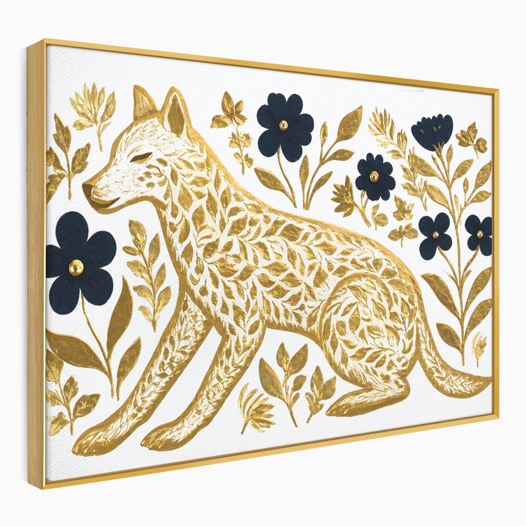 Tablou Canvas Premium LuxCanva® M1580, Eleganță Sălbatică, Lup, Floral, Auriu, Natura, Living, Culori Vibrante