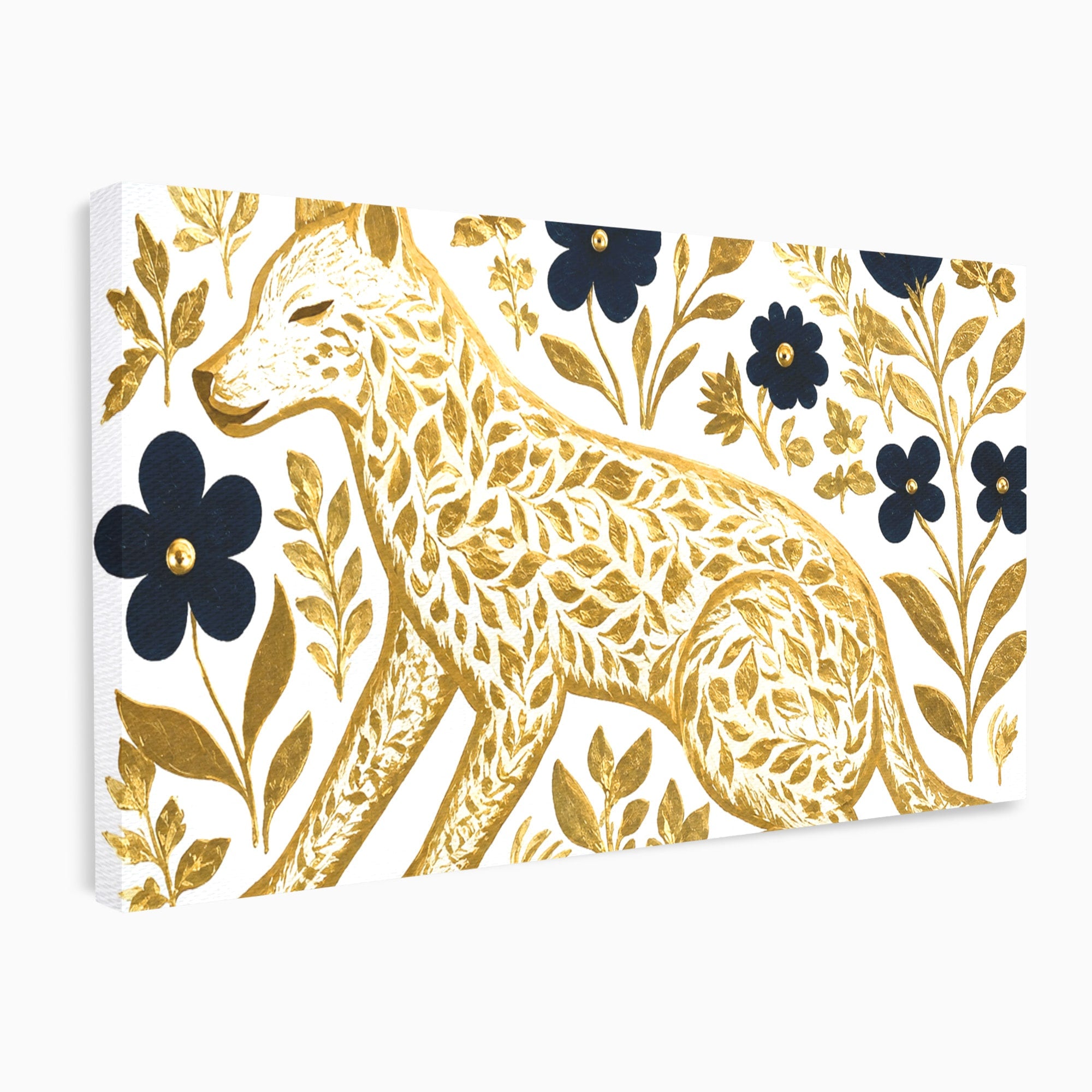 Tablou Canvas Premium LuxCanva® M1580, Eleganță Sălbatică, Lup, Floral, Auriu, Natura, Living, Culori Vibrante