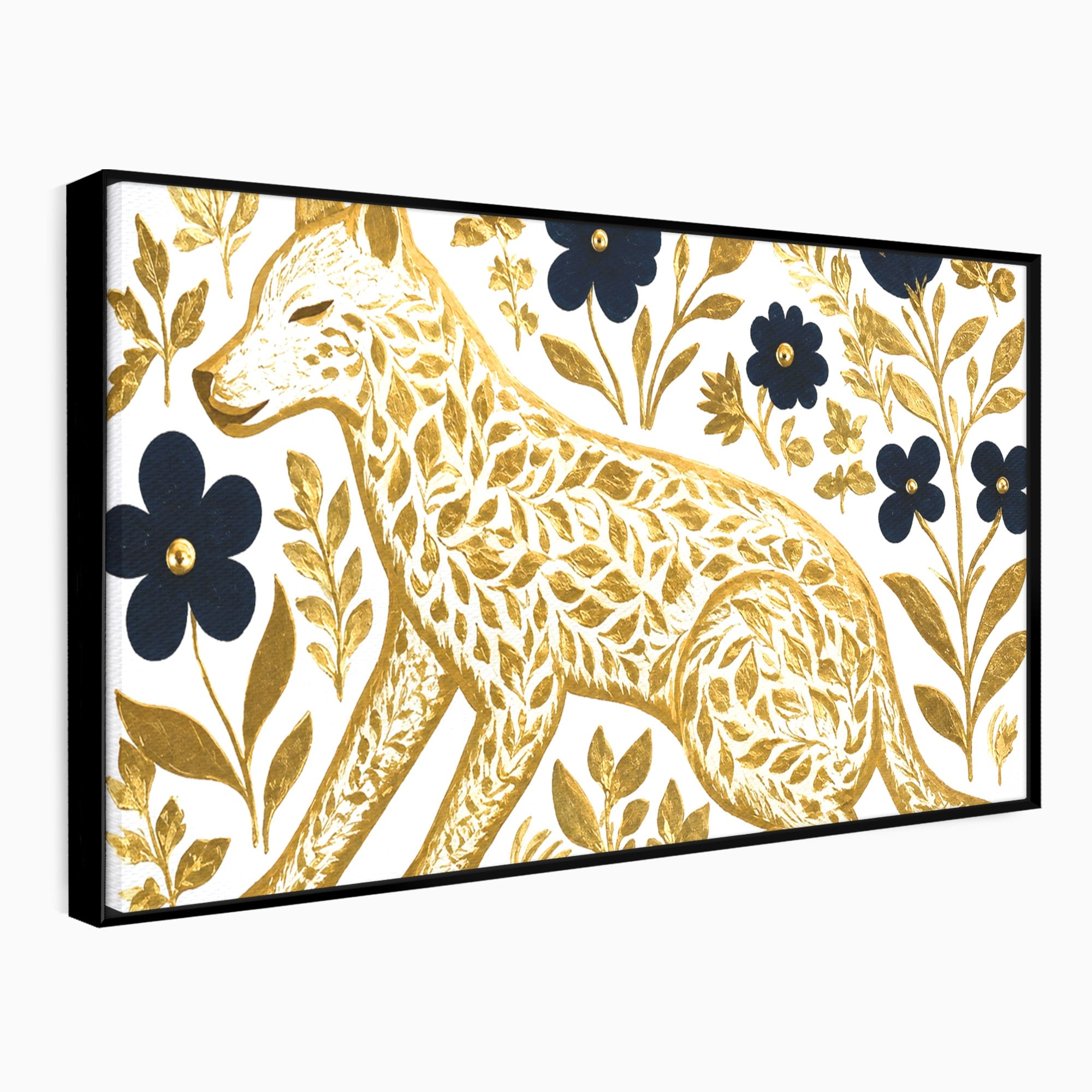 Tablou Canvas Premium LuxCanva® M1580, Eleganță Sălbatică, Lup, Floral, Auriu, Natura, Living, Culori Vibrante
