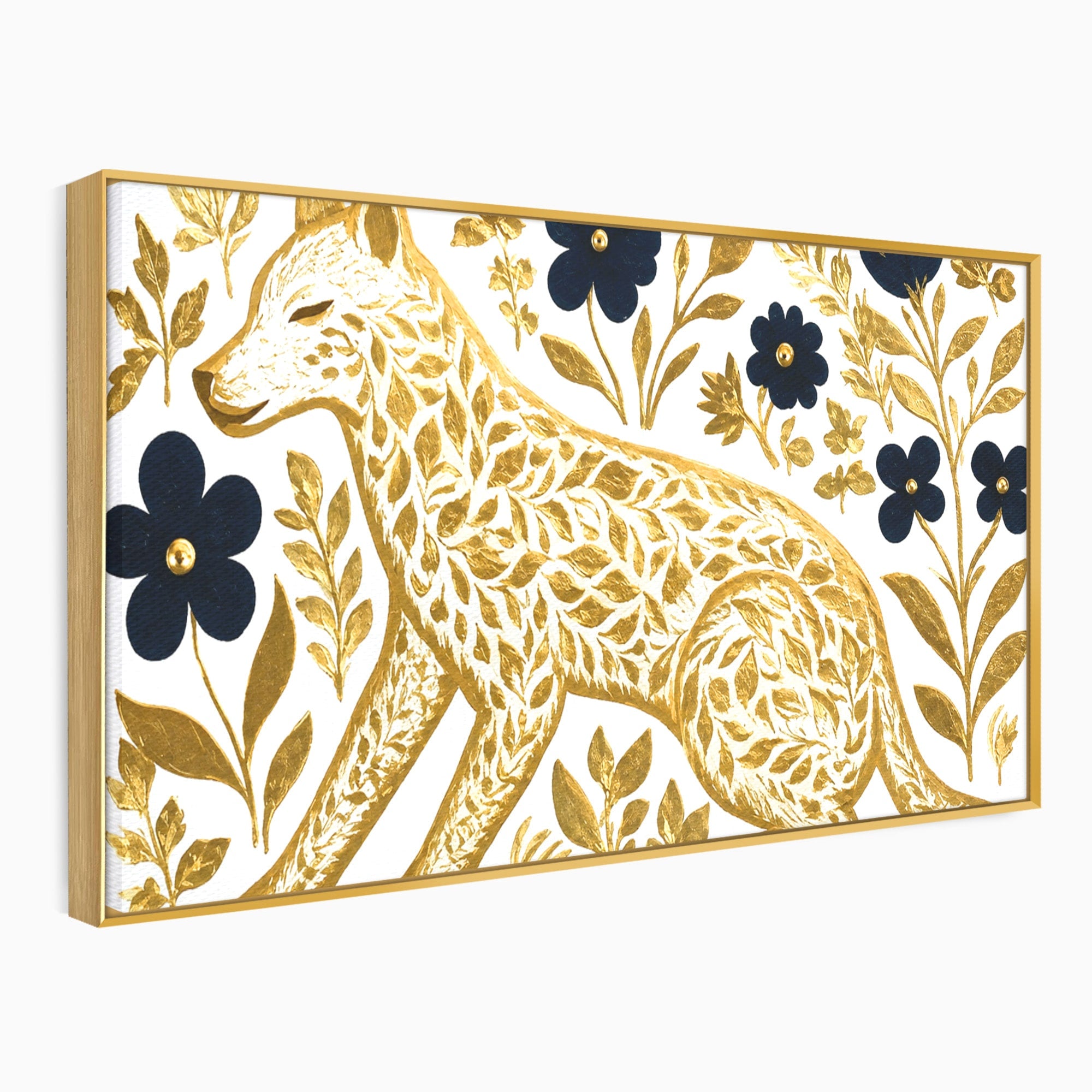 Tablou Canvas Premium LuxCanva® M1580, Eleganță Sălbatică, Lup, Floral, Auriu, Natura, Living, Culori Vibrante