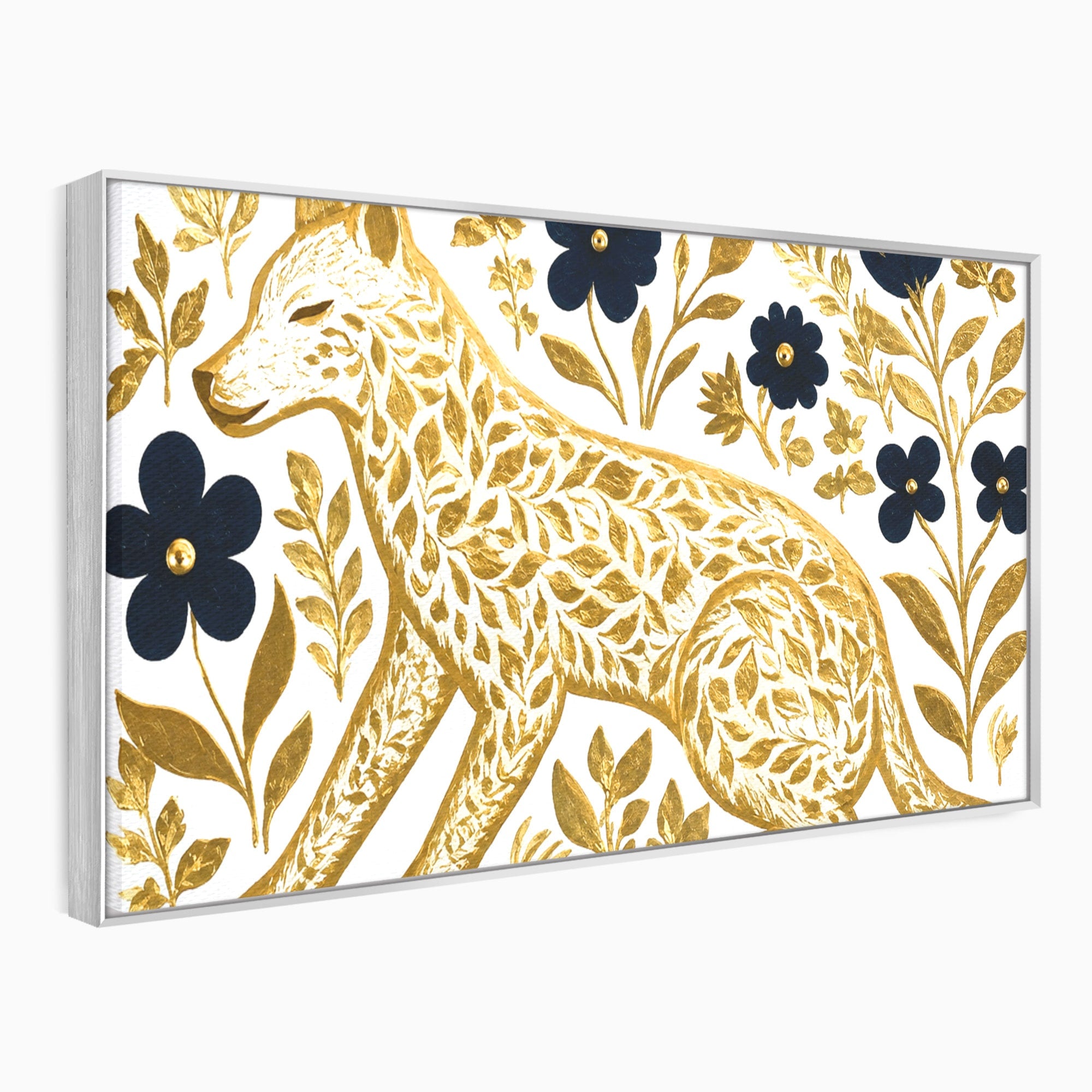 Tablou Canvas Premium LuxCanva® M1580, Eleganță Sălbatică, Lup, Floral, Auriu, Natura, Living, Culori Vibrante