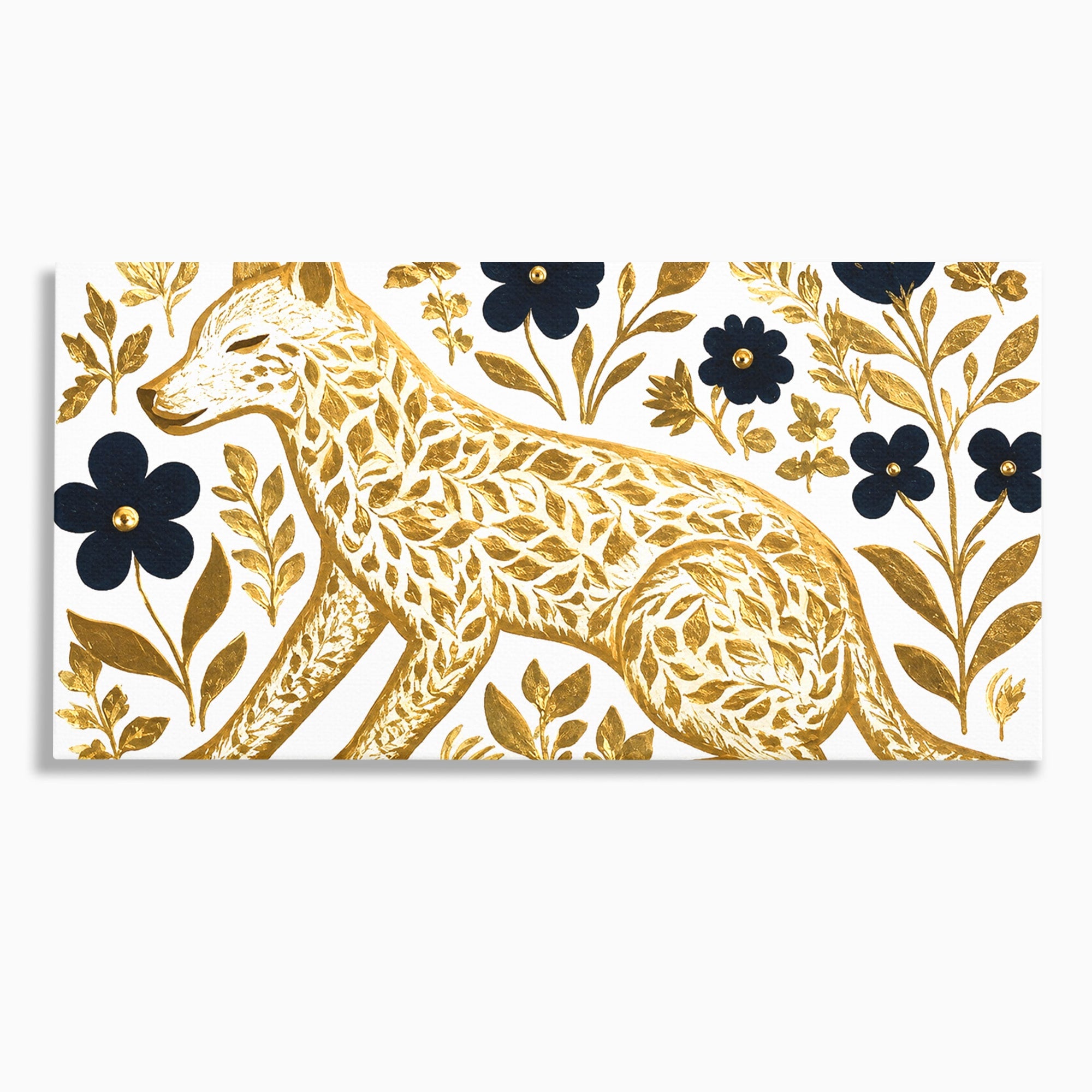 Tablou Canvas Premium LuxCanva® M1580, Eleganță Sălbatică, Lup, Floral, Auriu, Natura, Living, Culori Vibrante