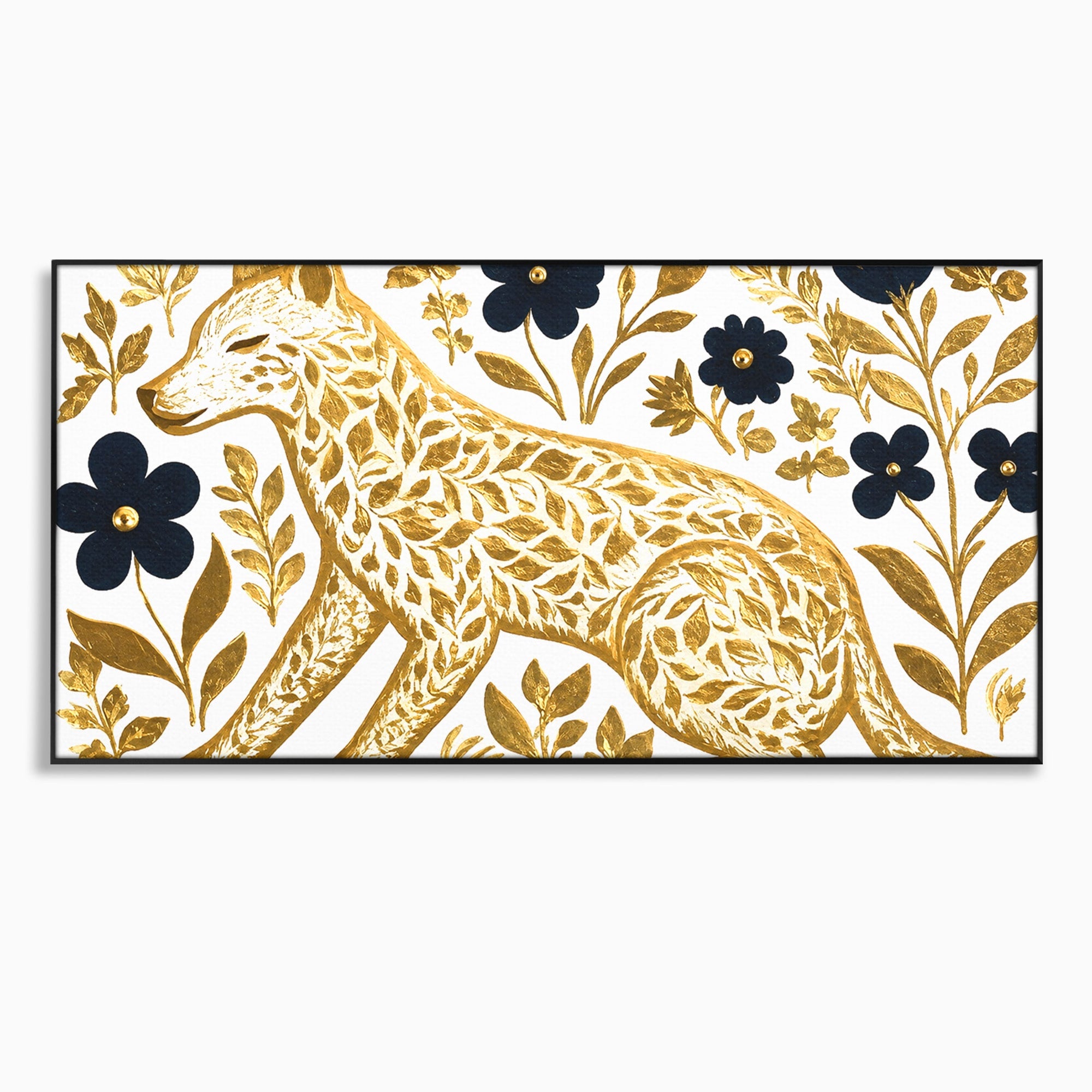 Tablou Canvas Premium LuxCanva® M1580, Eleganță Sălbatică, Lup, Floral, Auriu, Natura, Living, Culori Vibrante