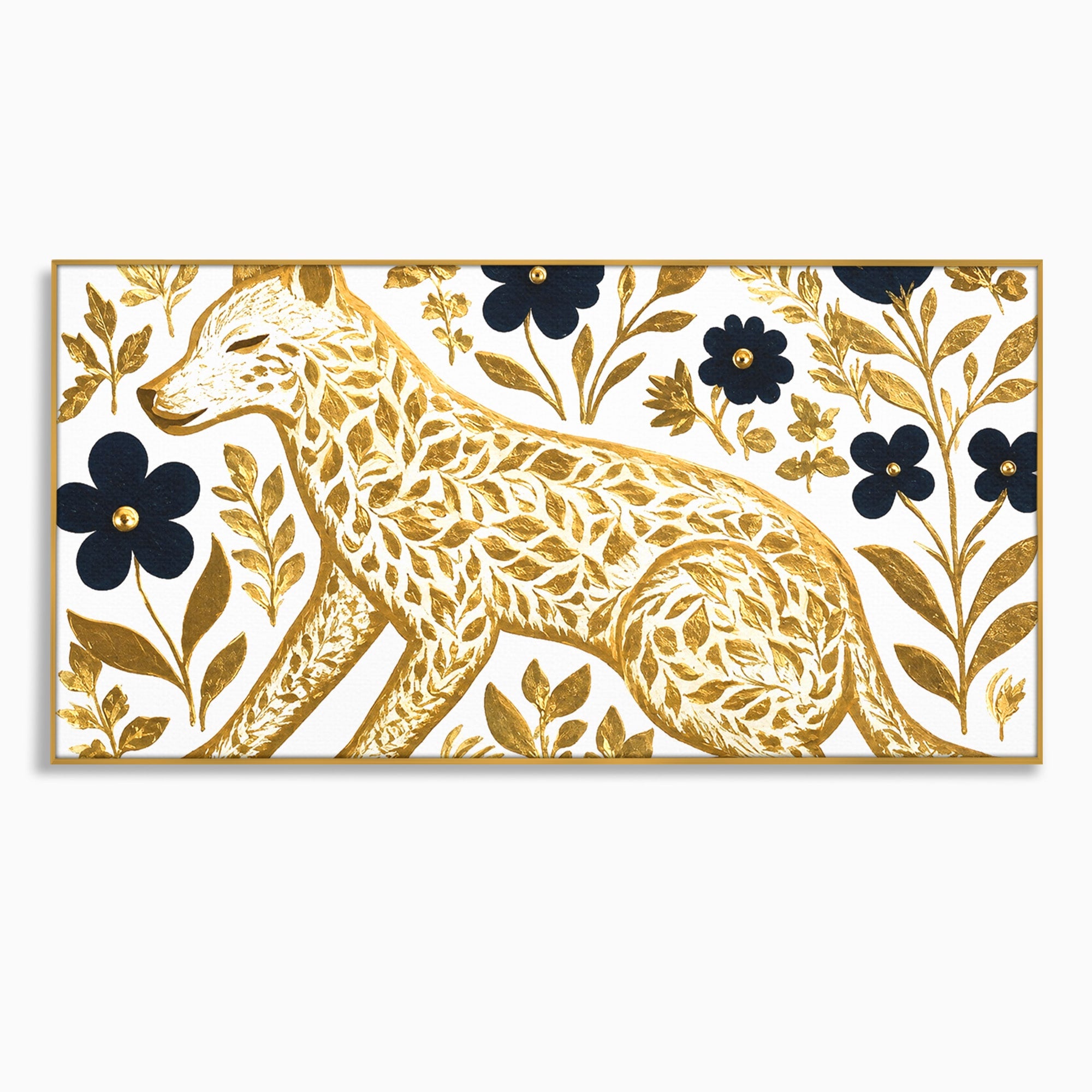 Tablou Canvas Premium LuxCanva® M1580, Eleganță Sălbatică, Lup, Floral, Auriu, Natura, Living, Culori Vibrante