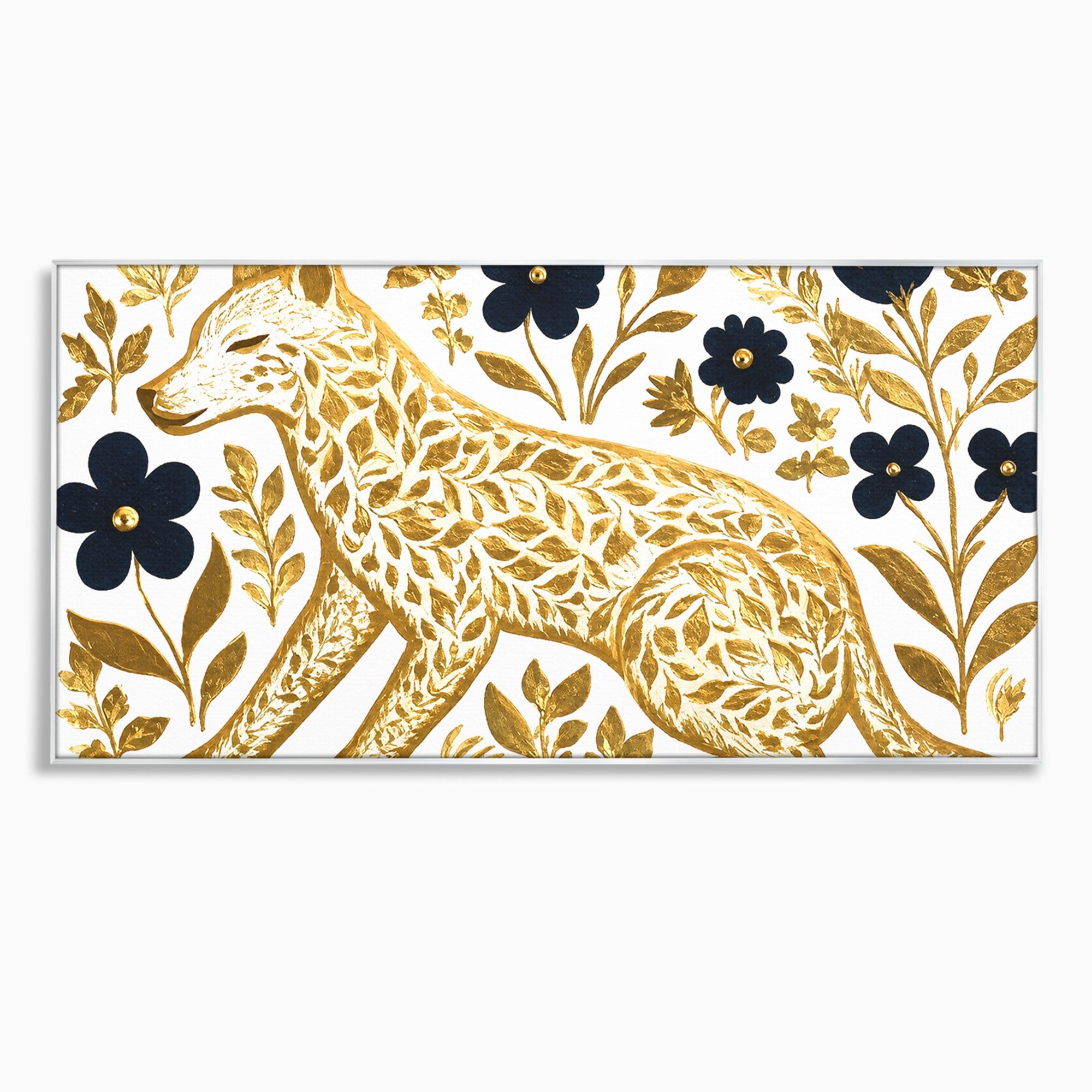 Tablou Canvas Premium LuxCanva® M1580, Eleganță Sălbatică, Lup, Floral, Auriu, Natura, Living, Culori Vibrante
