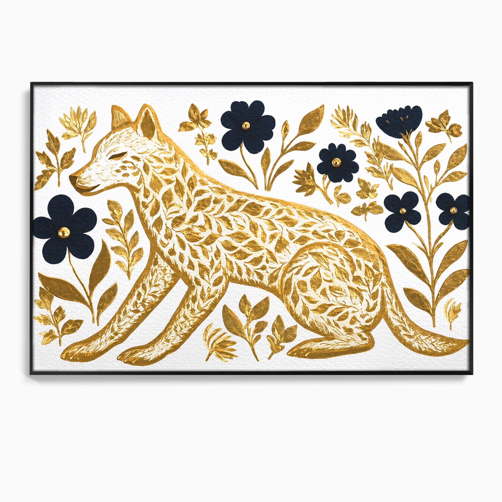 Tablou Canvas Premium LuxCanva® M1580, Eleganță Sălbatică, Lup, Floral, Auriu, Natura, Living, Culori Vibrante