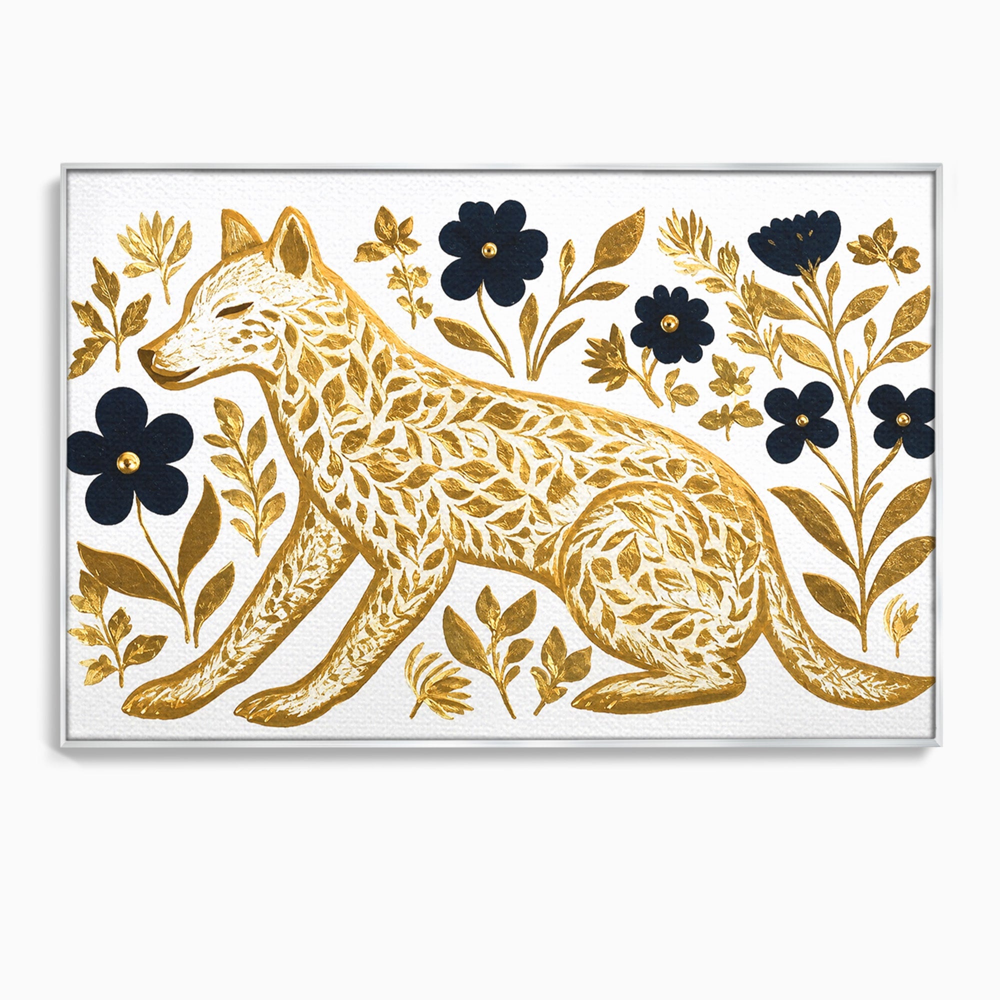 Tablou Canvas Premium LuxCanva® M1580, Eleganță Sălbatică, Lup, Floral, Auriu, Natura, Living, Culori Vibrante