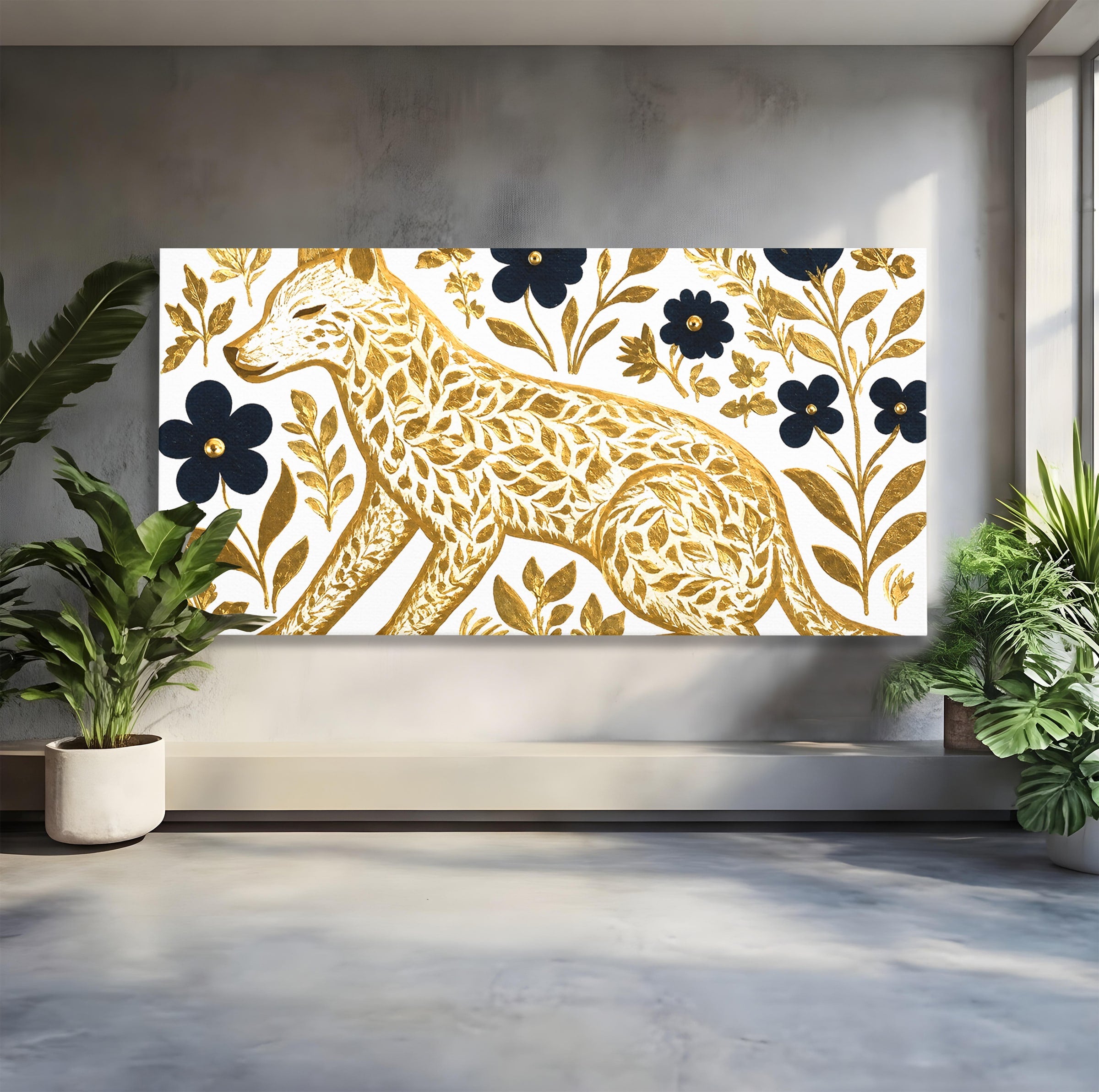 Tablou Canvas Premium LuxCanva® M1580, Eleganță Sălbatică, Lup, Floral, Auriu, Natura, Living, Culori Vibrante