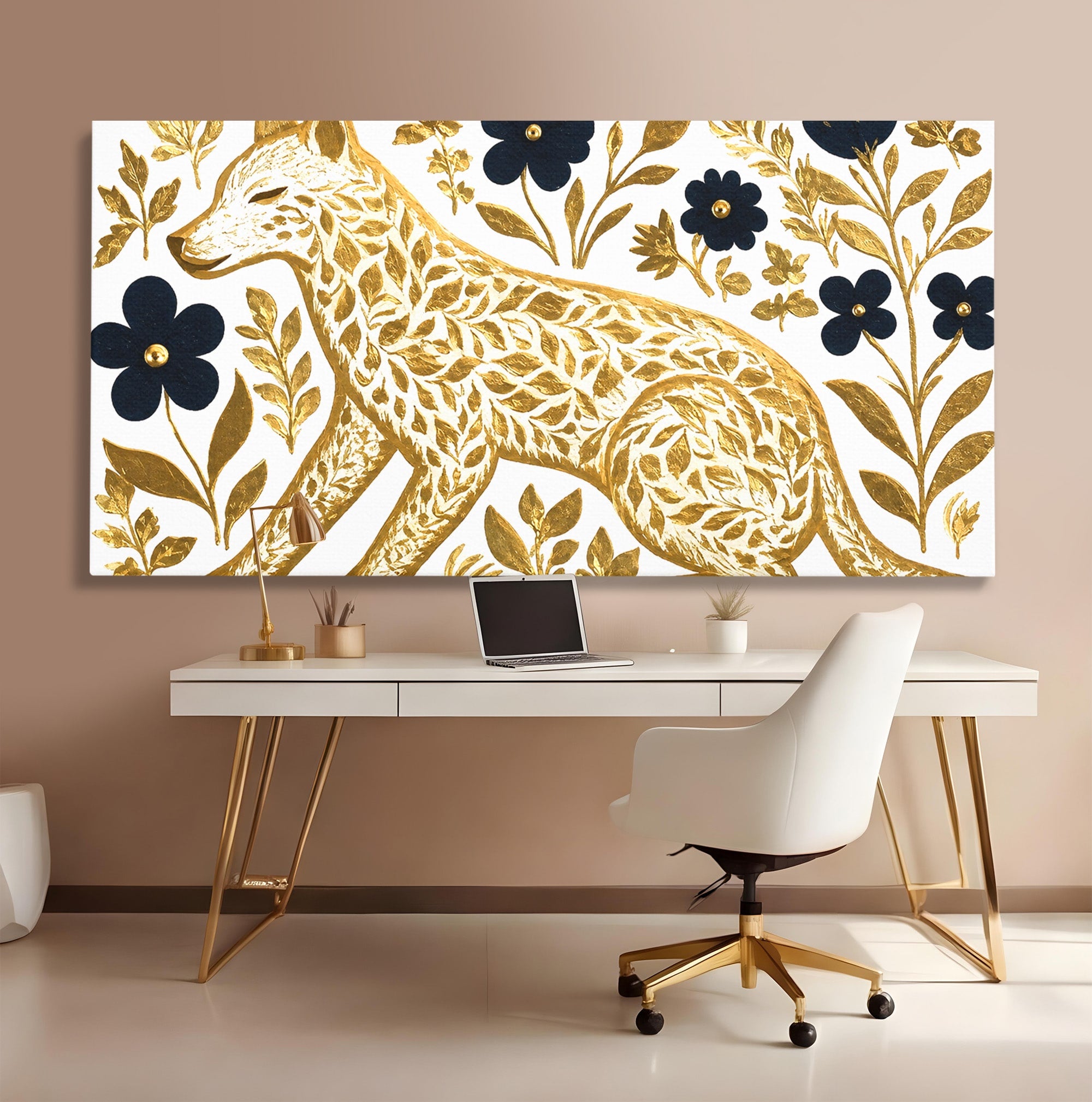 Tablou Canvas Premium LuxCanva® M1580, Eleganță Sălbatică, Lup, Floral, Auriu, Natura, Living, Culori Vibrante