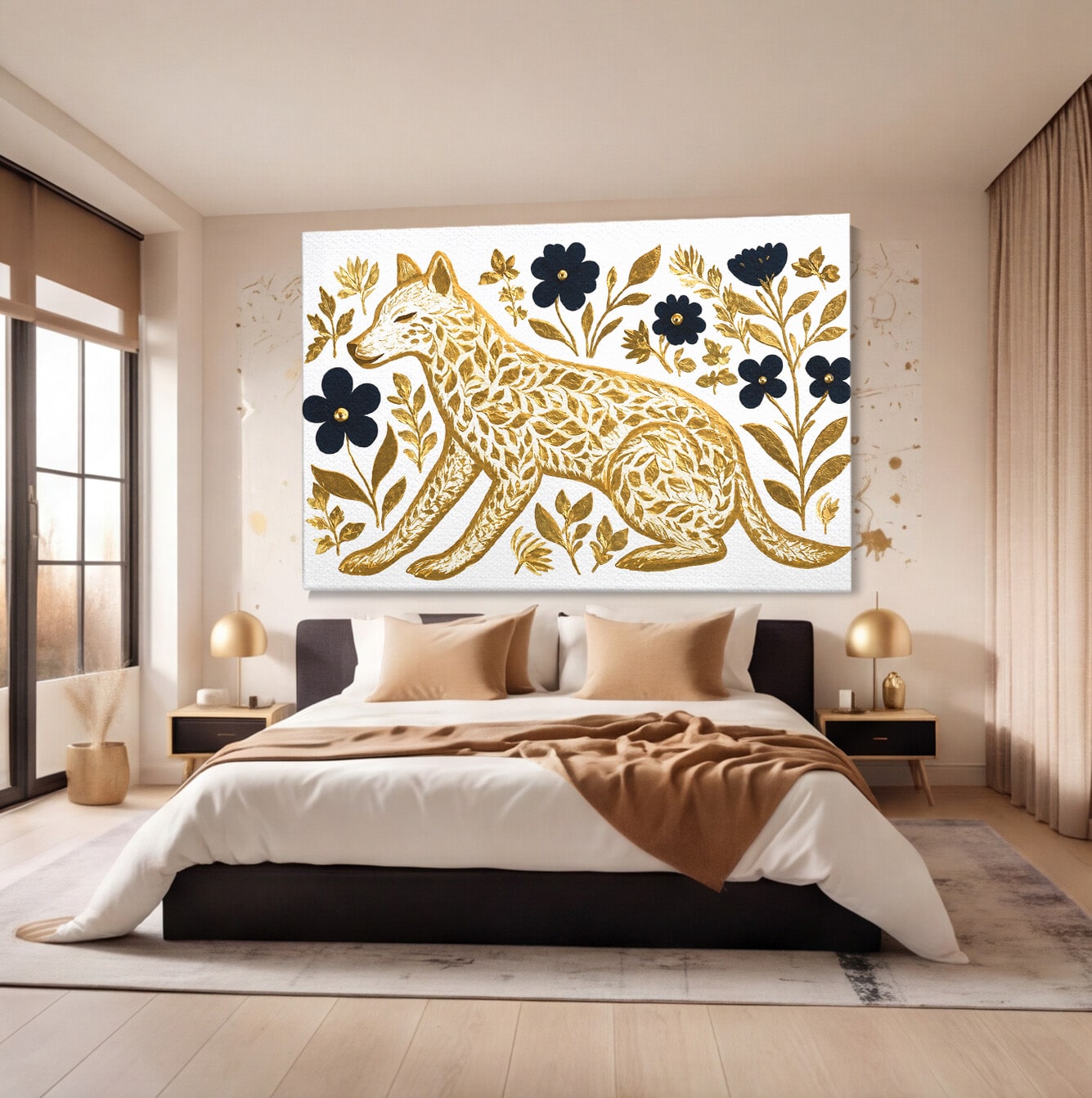 Tablou Canvas Premium LuxCanva® M1580, Eleganță Sălbatică, Lup, Floral, Auriu, Natura, Living, Culori Vibrante