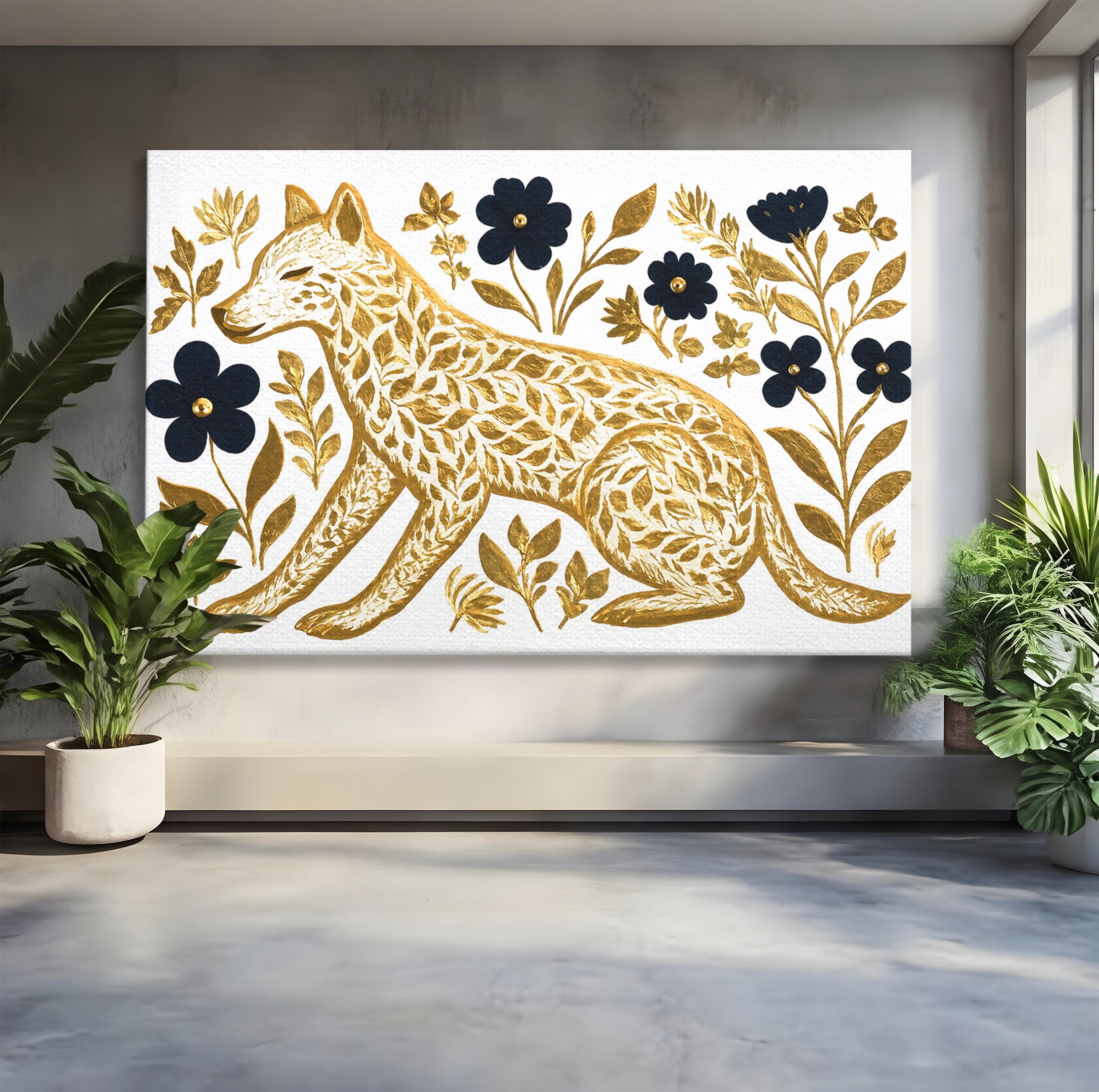 Tablou Canvas Premium LuxCanva® M1580, Eleganță Sălbatică, Lup, Floral, Auriu, Natura, Living, Culori Vibrante