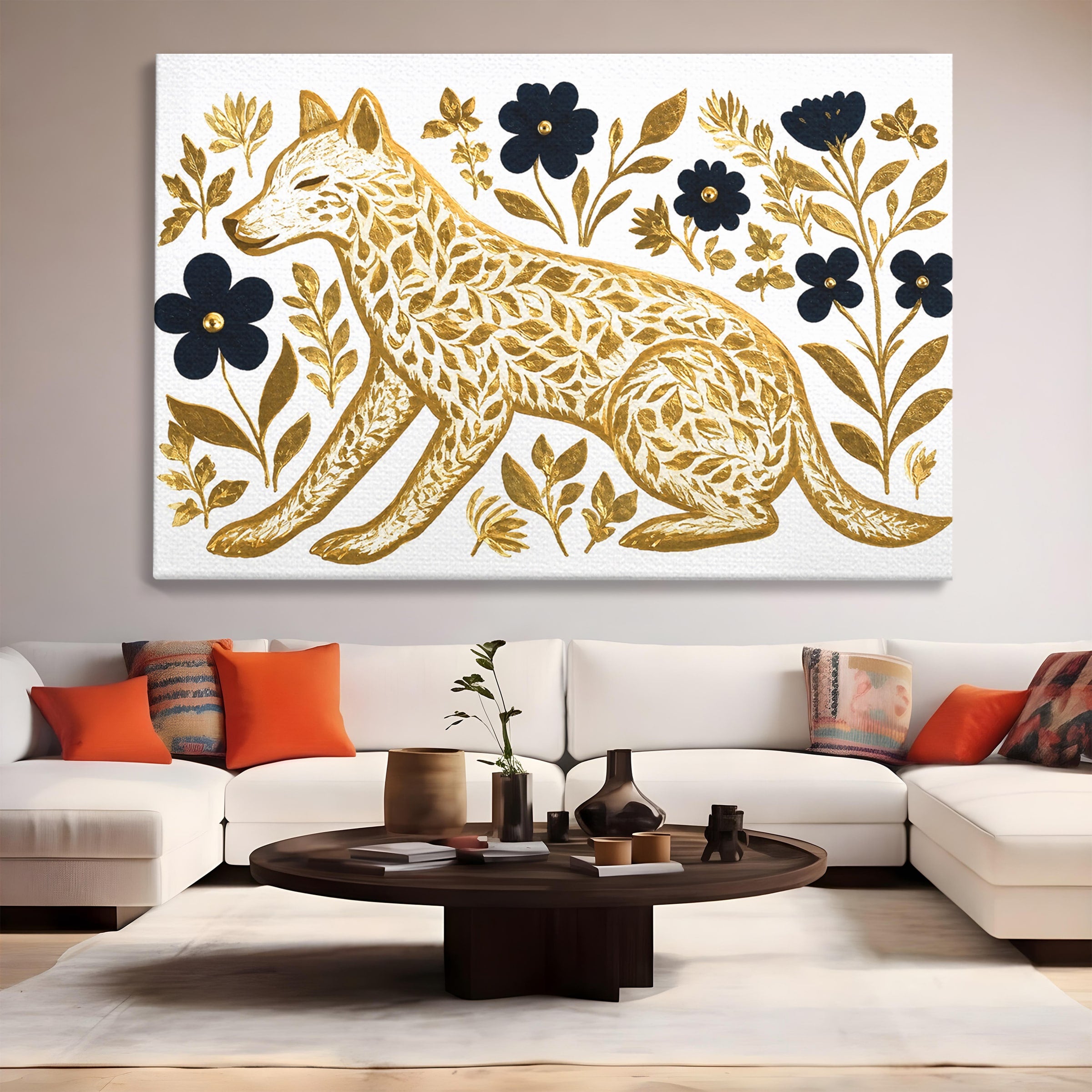 Tablou Canvas Premium LuxCanva® M1580, Eleganță Sălbatică, Lup, Floral, Auriu, Natura, Living, Culori Vibrante