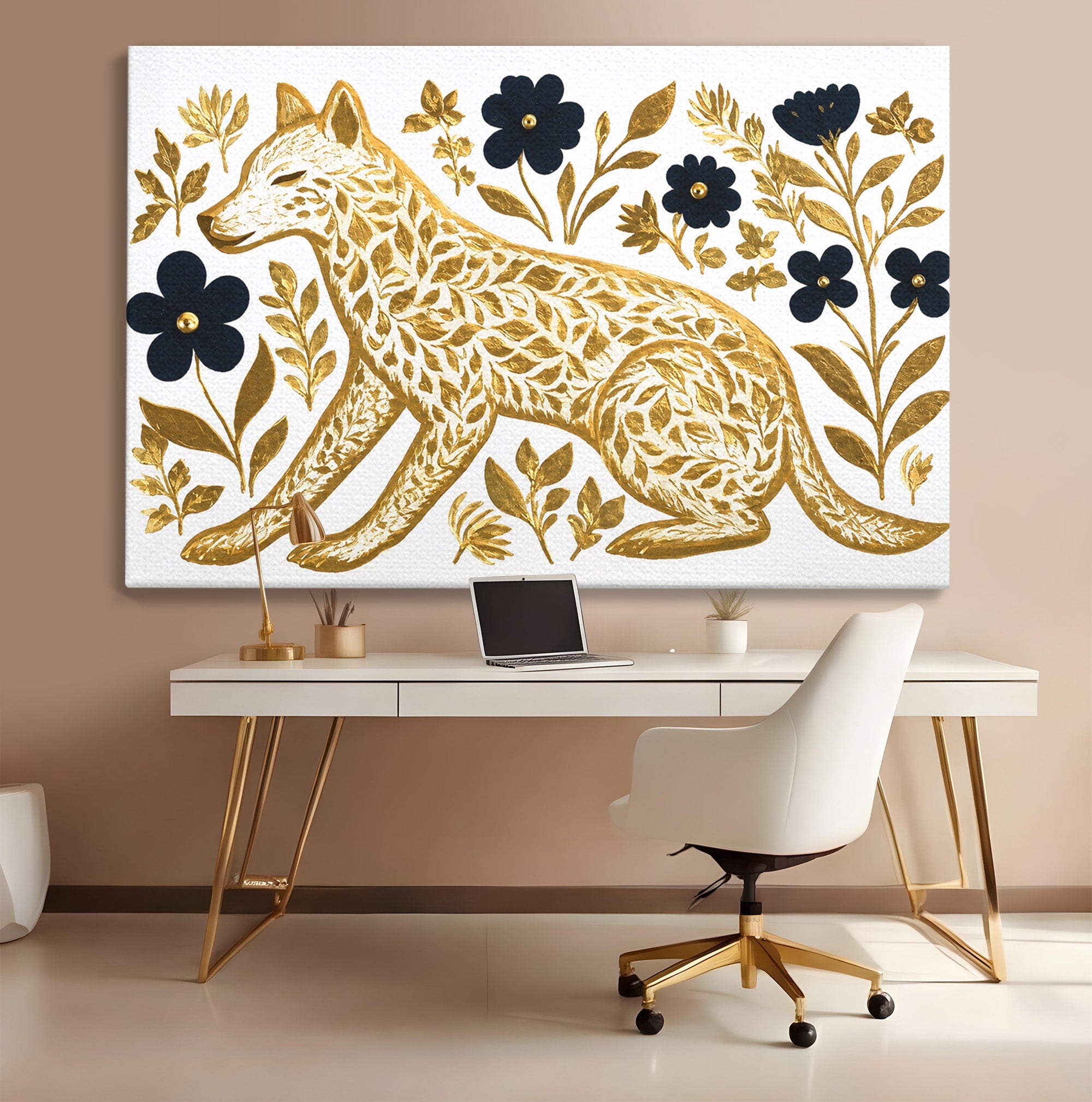 Tablou Canvas Premium LuxCanva® M1580, Eleganță Sălbatică, Lup, Floral, Auriu, Natura, Living, Culori Vibrante