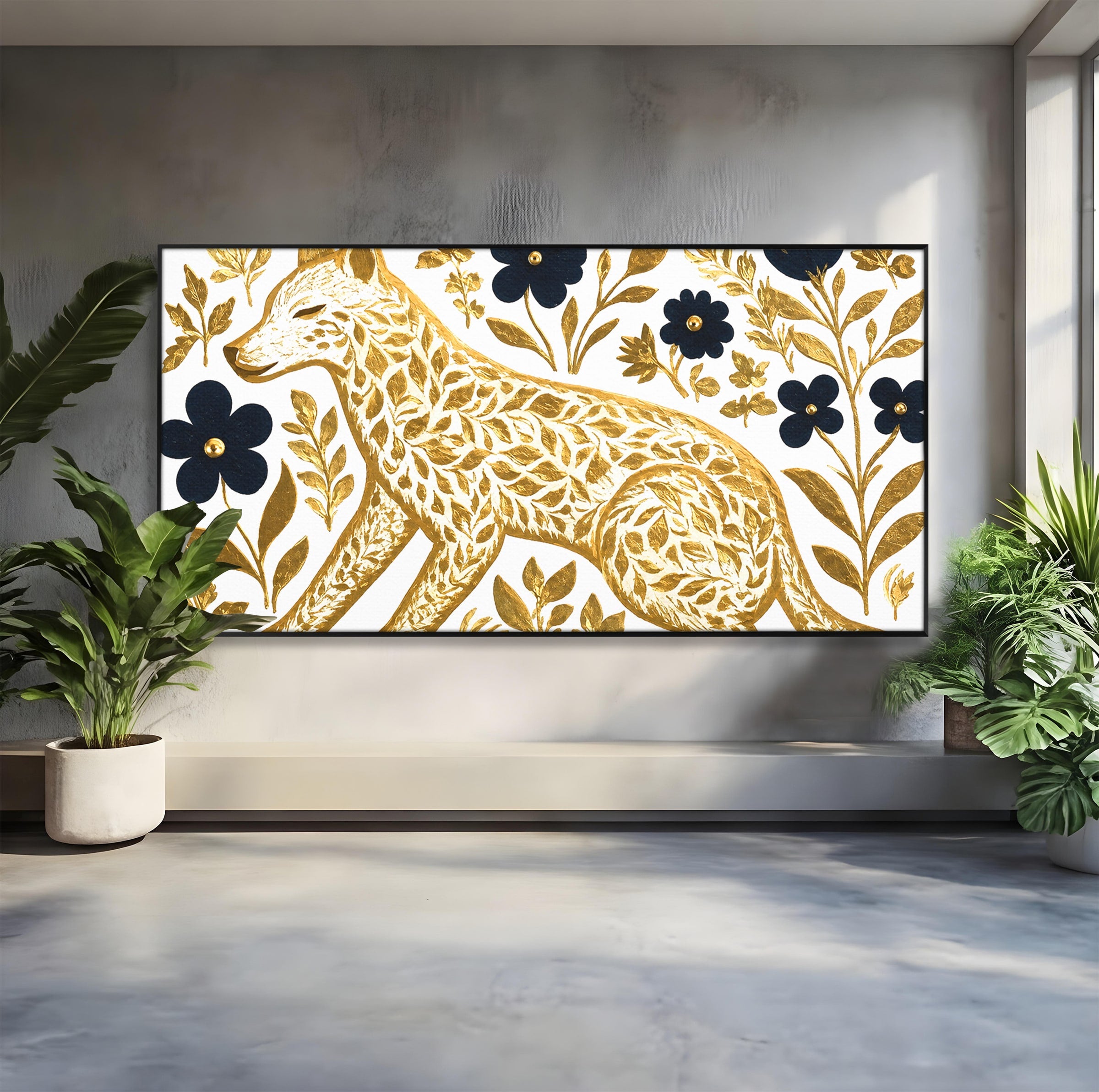 Tablou Canvas Premium LuxCanva® M1580, Eleganță Sălbatică, Lup, Floral, Auriu, Natura, Living, Culori Vibrante