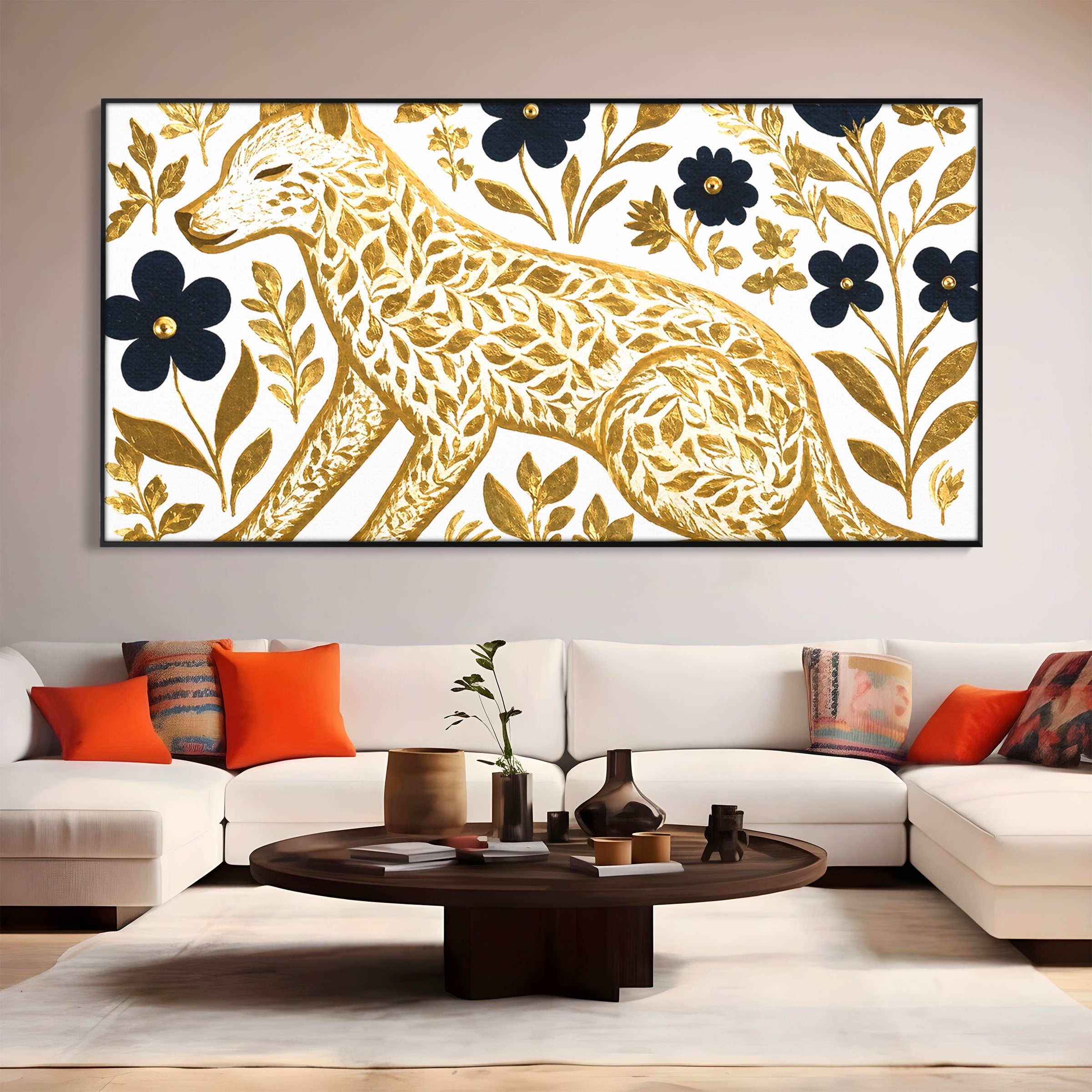 Tablou Canvas Premium LuxCanva® M1580, Eleganță Sălbatică, Lup, Floral, Auriu, Natura, Living, Culori Vibrante