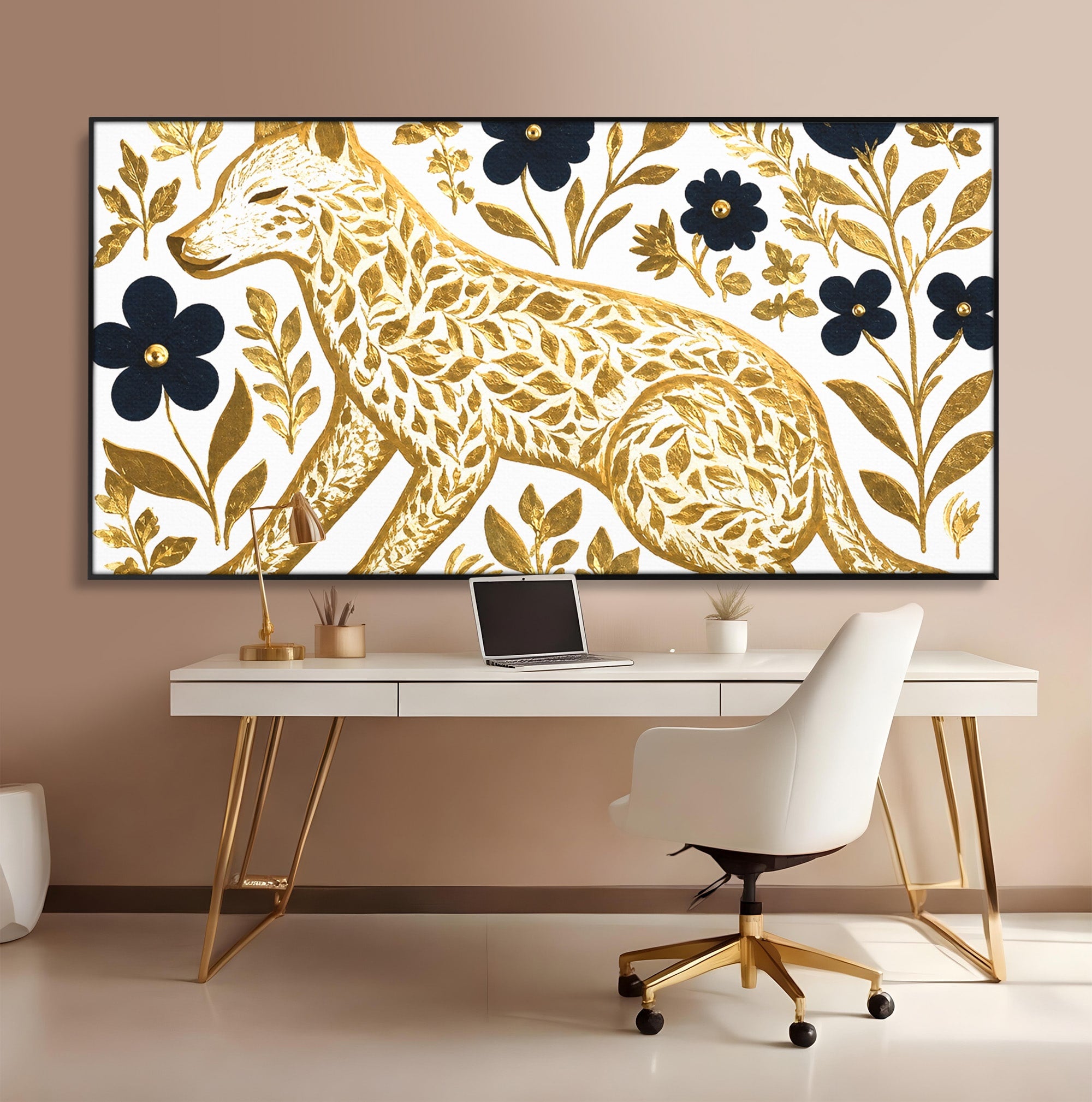 Tablou Canvas Premium LuxCanva® M1580, Eleganță Sălbatică, Lup, Floral, Auriu, Natura, Living, Culori Vibrante